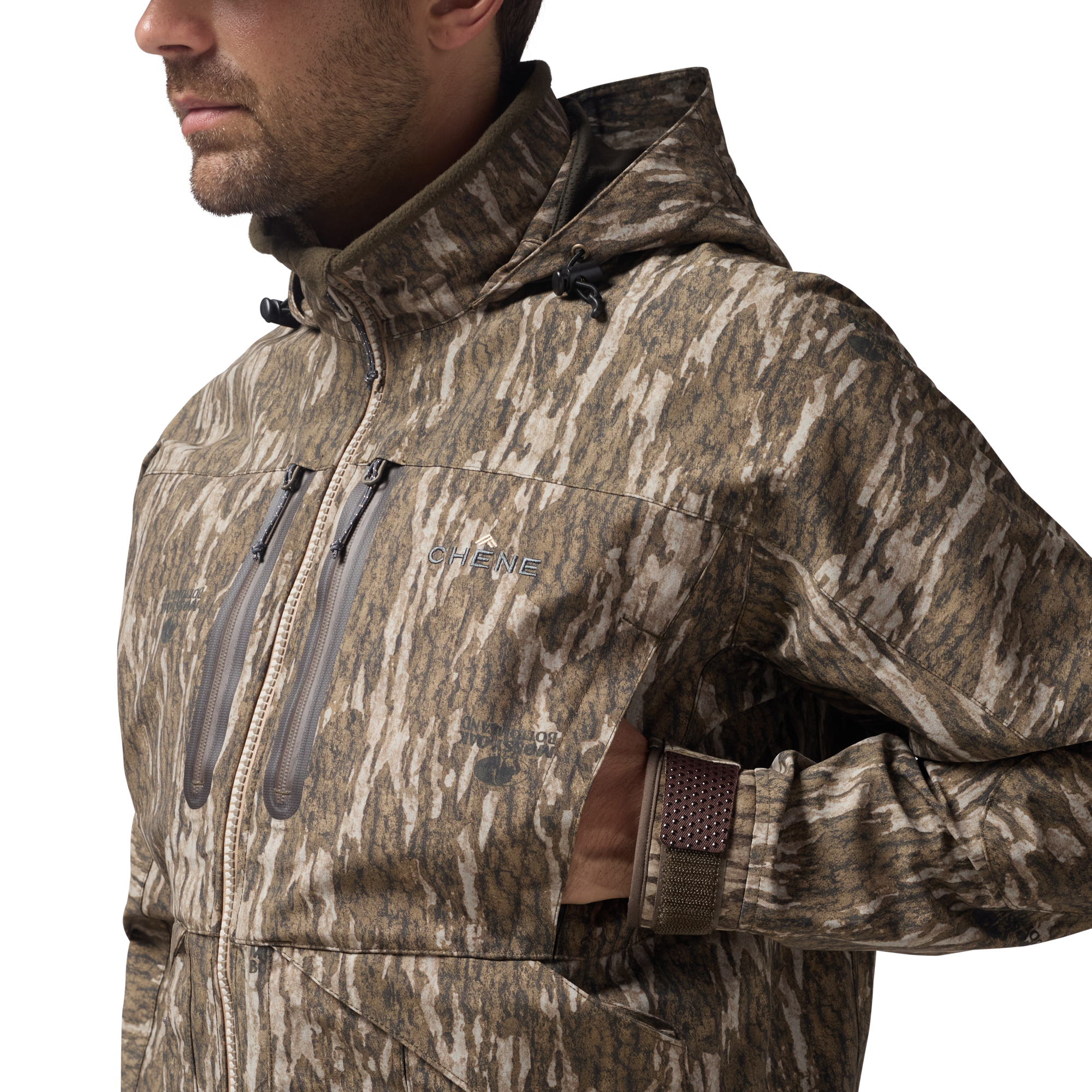Hydro-Lok Shell Jacket in Mossy Oak Bottomland, on model #mossy_oak_bottomland