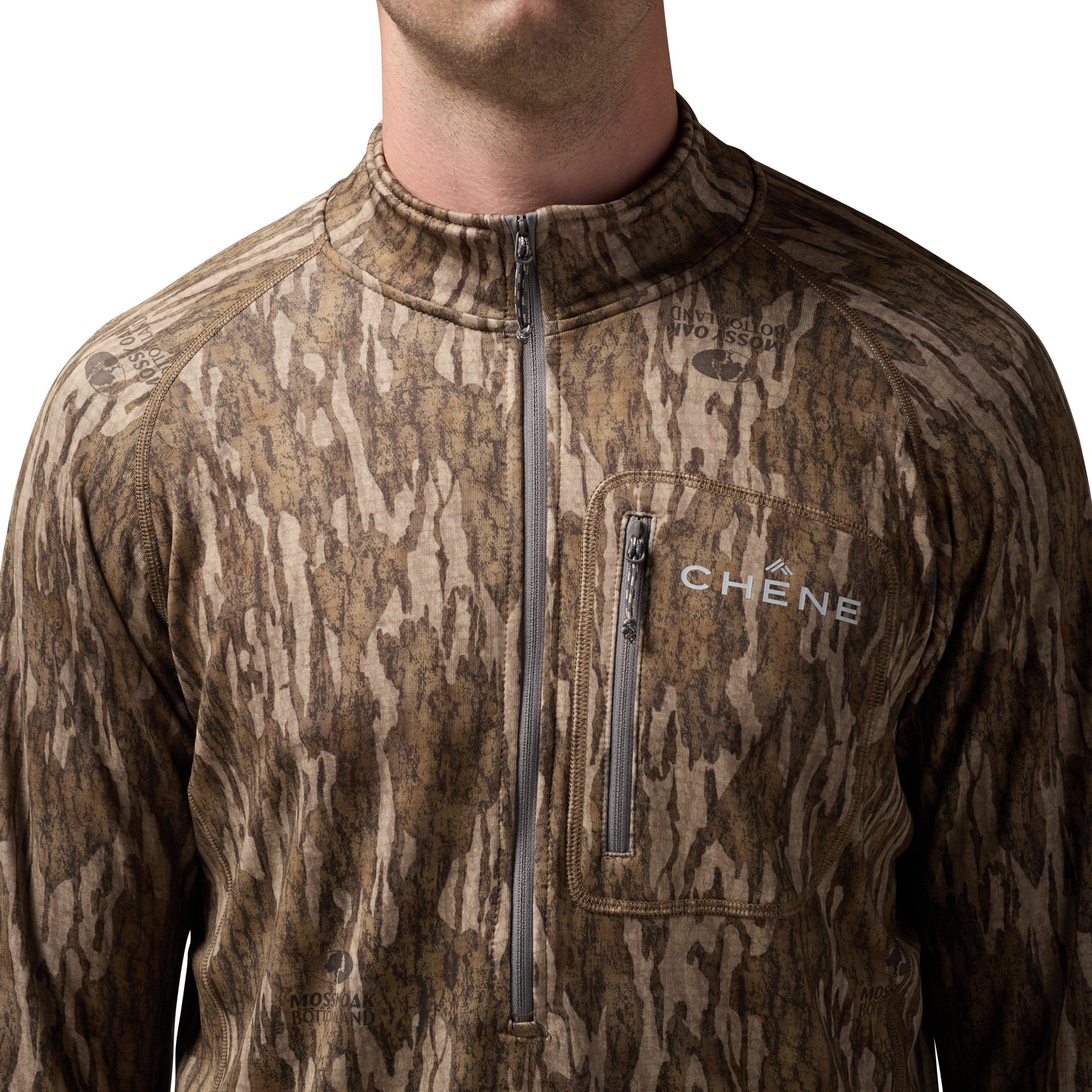 Sixty Series Technical Fleece Half Zip in Mossy Oak Bottomland, on model #mossy_oak_bottomland