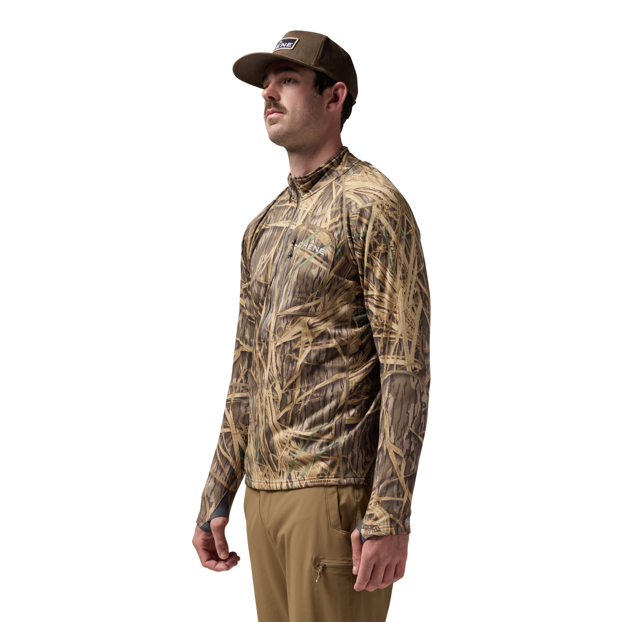 Sixty Series Technical Fleece Half Zip in Mossy Oak Original Shadow Grass, on model #mossy_oak_original_shadow_grass