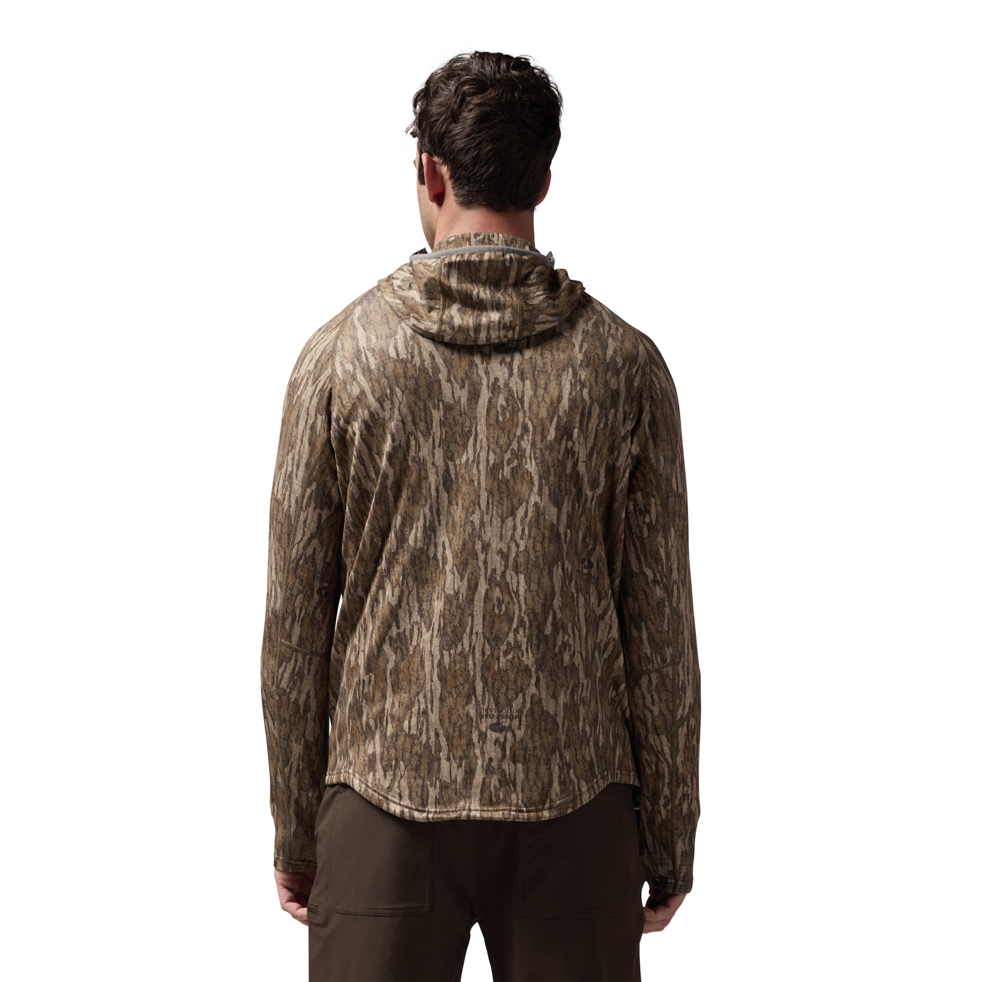 Sixty Series Technical Fleece Half Zip with Hood in Mossy Oak Bottomland, on model #mossy_oak_bottomland