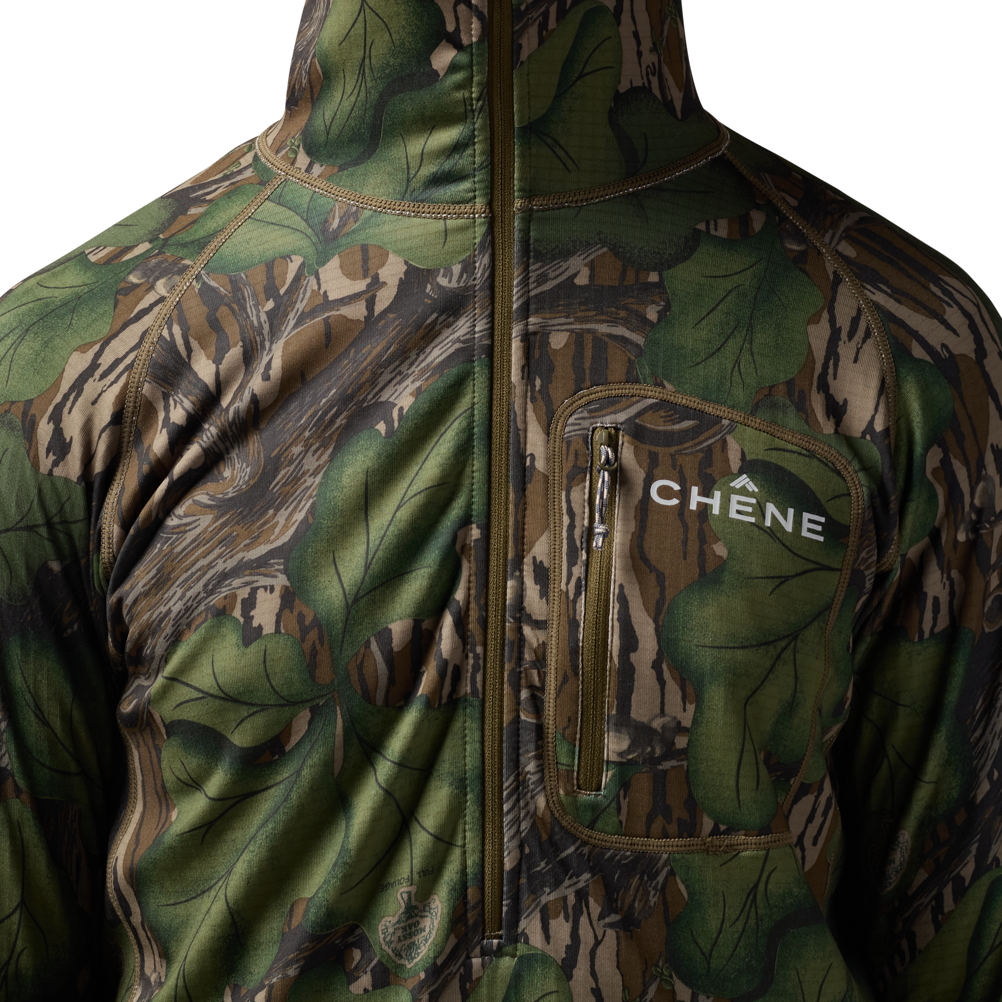 Sixty Series Technical Fleece Half Zip with Hood in Mossy Oak Full Foliage, on model #mossy_oak_full_foliage