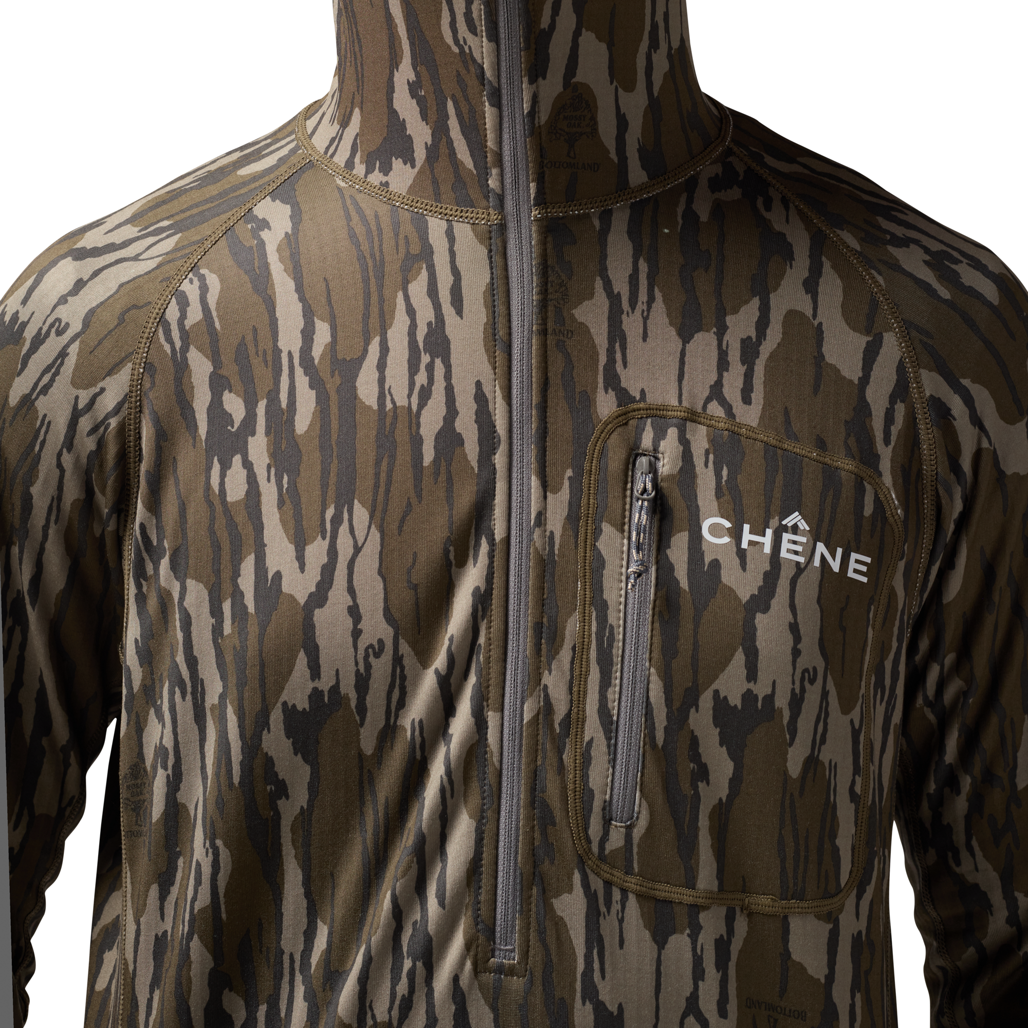 Sixty Series Technical Fleece Half Zip with Hood in Mossy Oak Original Bottomland, on model #mossy_oak_original_bottomland