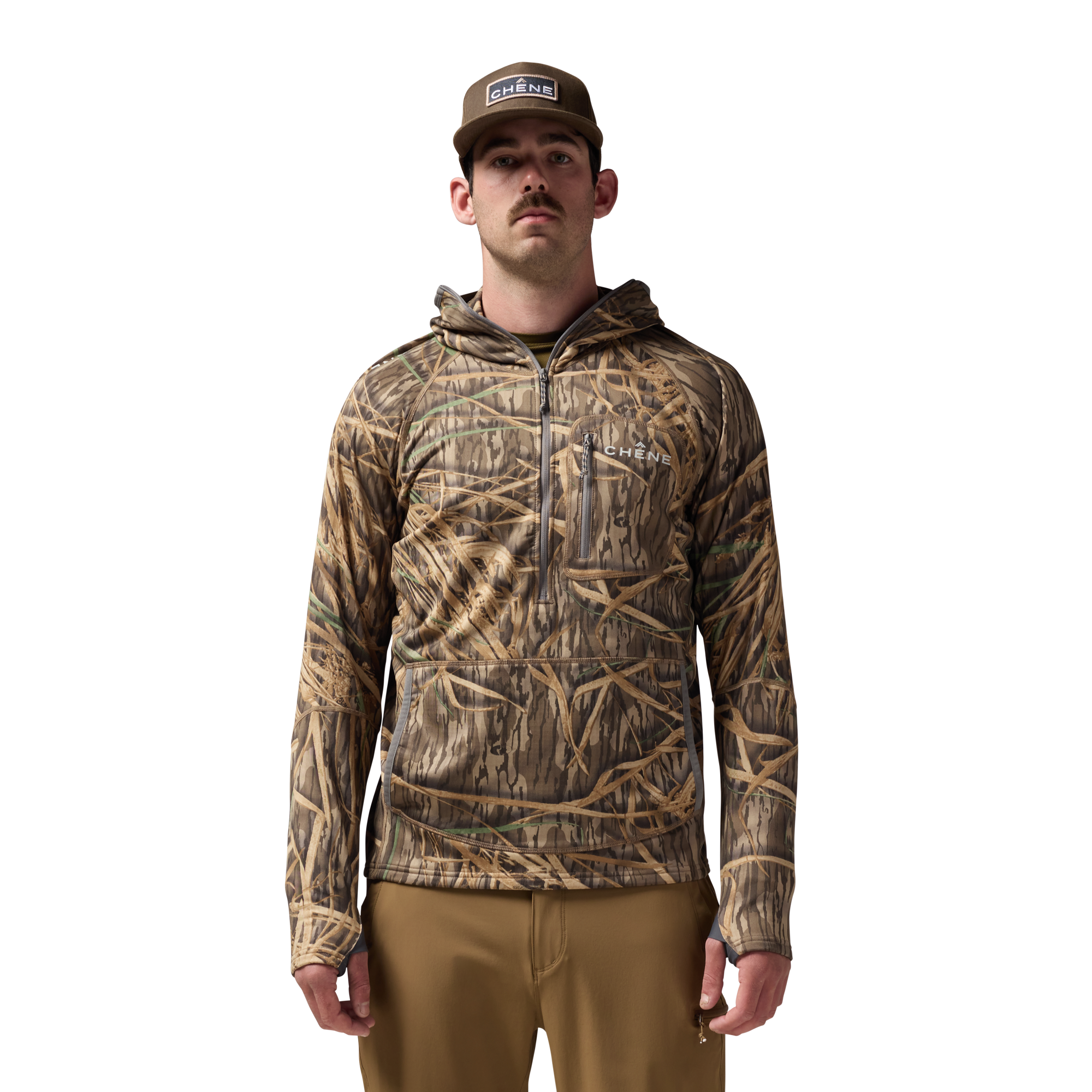 Sixty Series Technical Fleece Half Zip with Hood in Mossy Oak Original Shadow Grass, on model #mossy_oak_original_shadow_grass