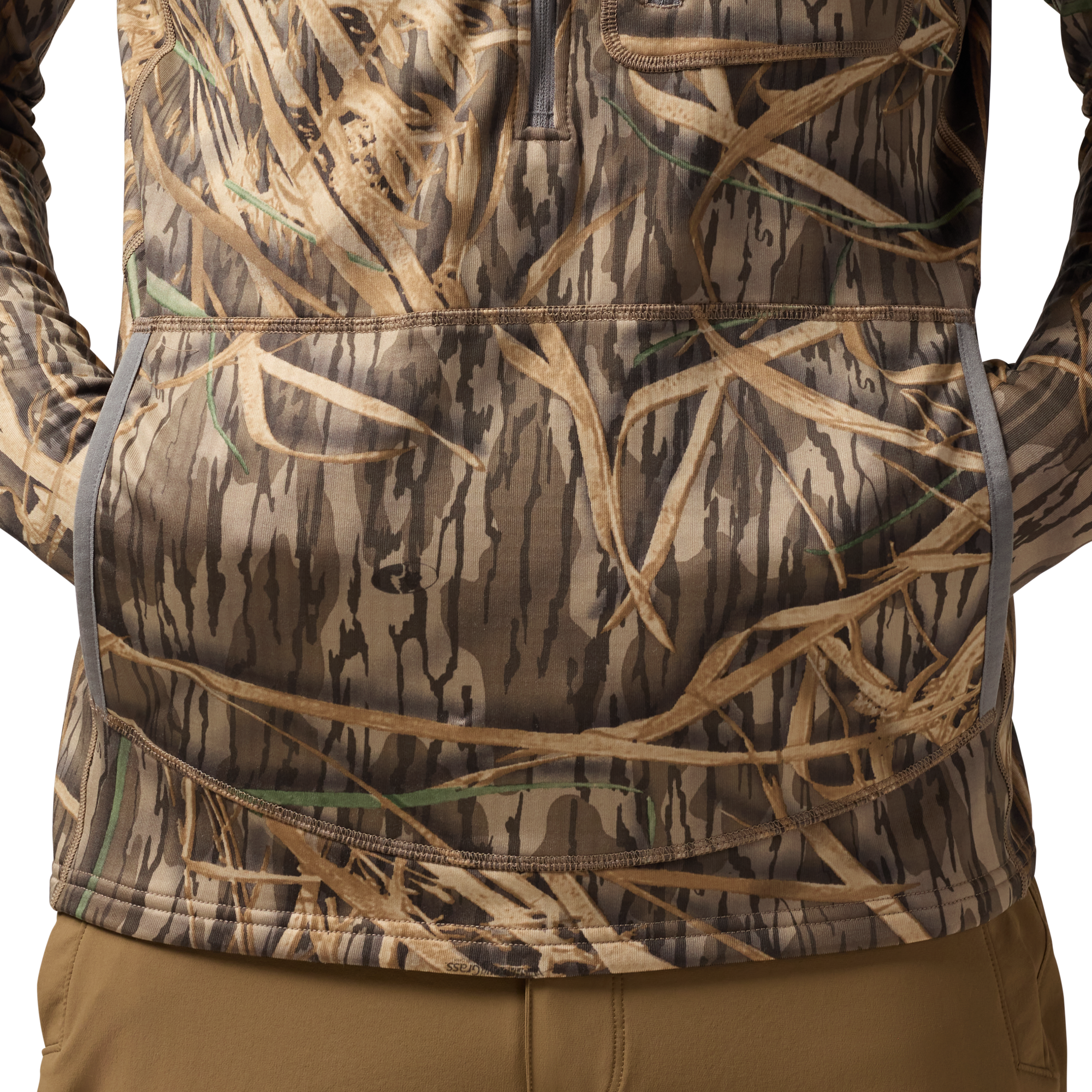 Sixty Series Technical Fleece Half Zip with Hood in Mossy Oak Original Shadow Grass, on model #mossy_oak_original_shadow_grass