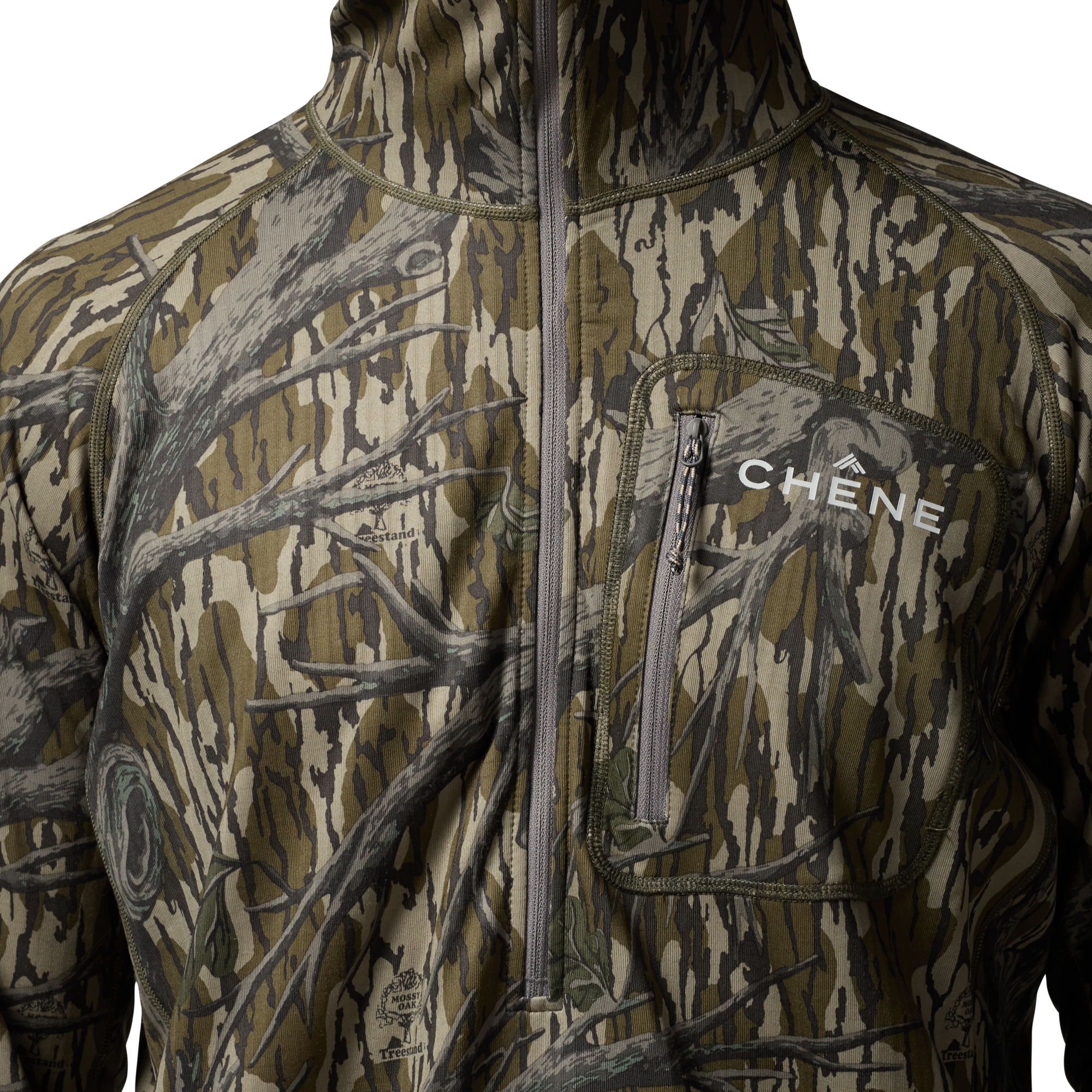 Sixty Series Technical Fleece Half Zip with Hood in Mossy Oak Original Treestand, on model #mossy_oak_original_treestand