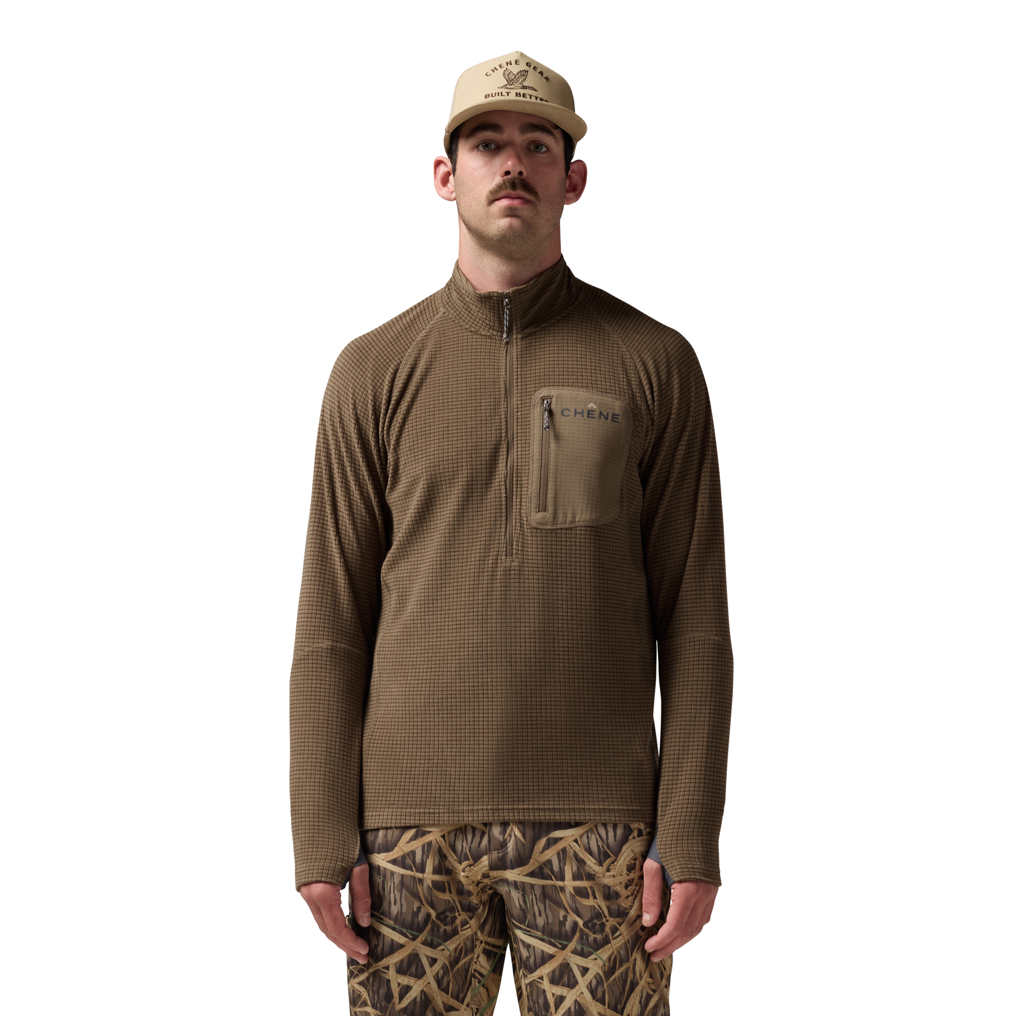Sixty Series Check Fleece Half Zip in Field Tan, on model #field_tan