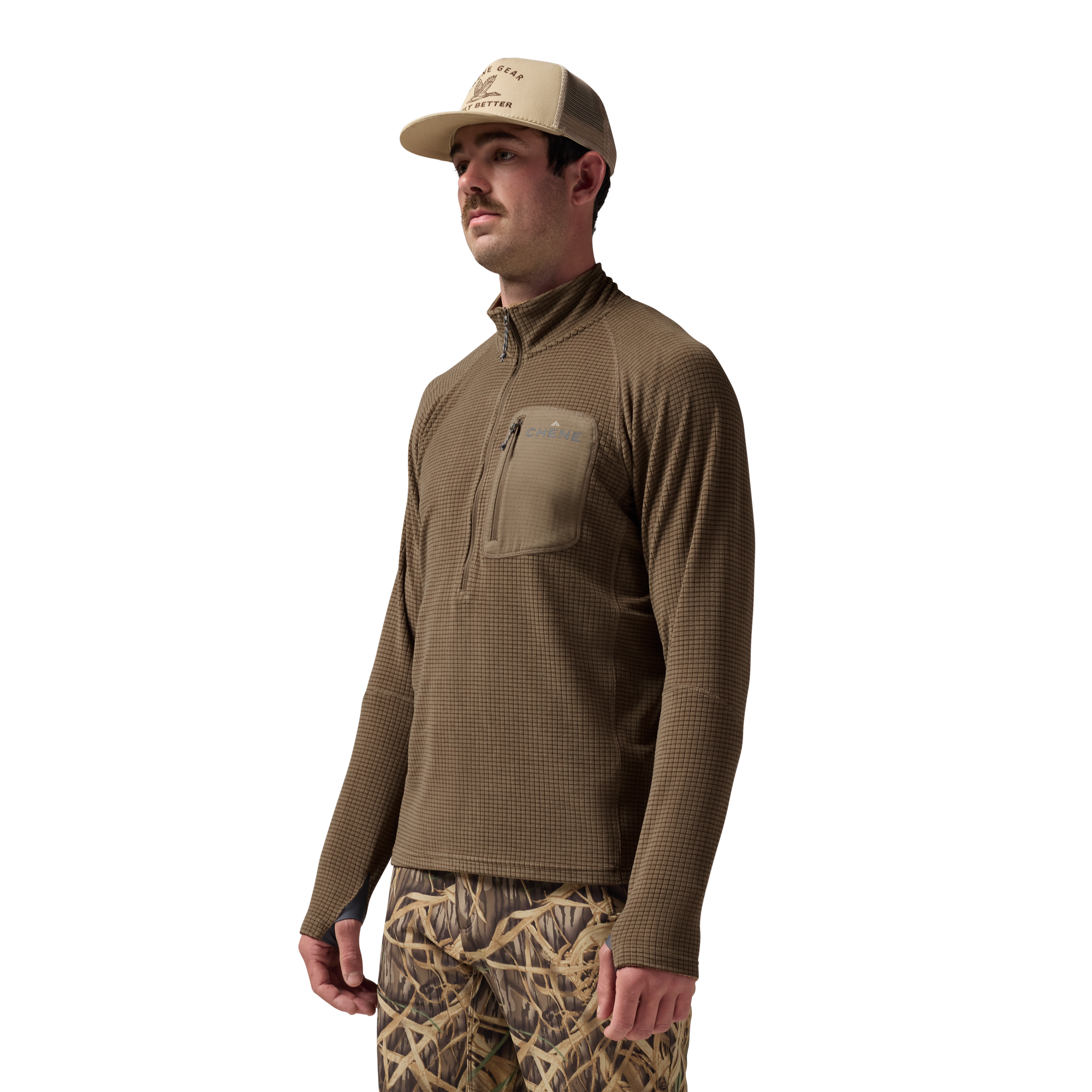 Sixty Series Check Fleece Half Zip in Field Tan, on model #field_tan