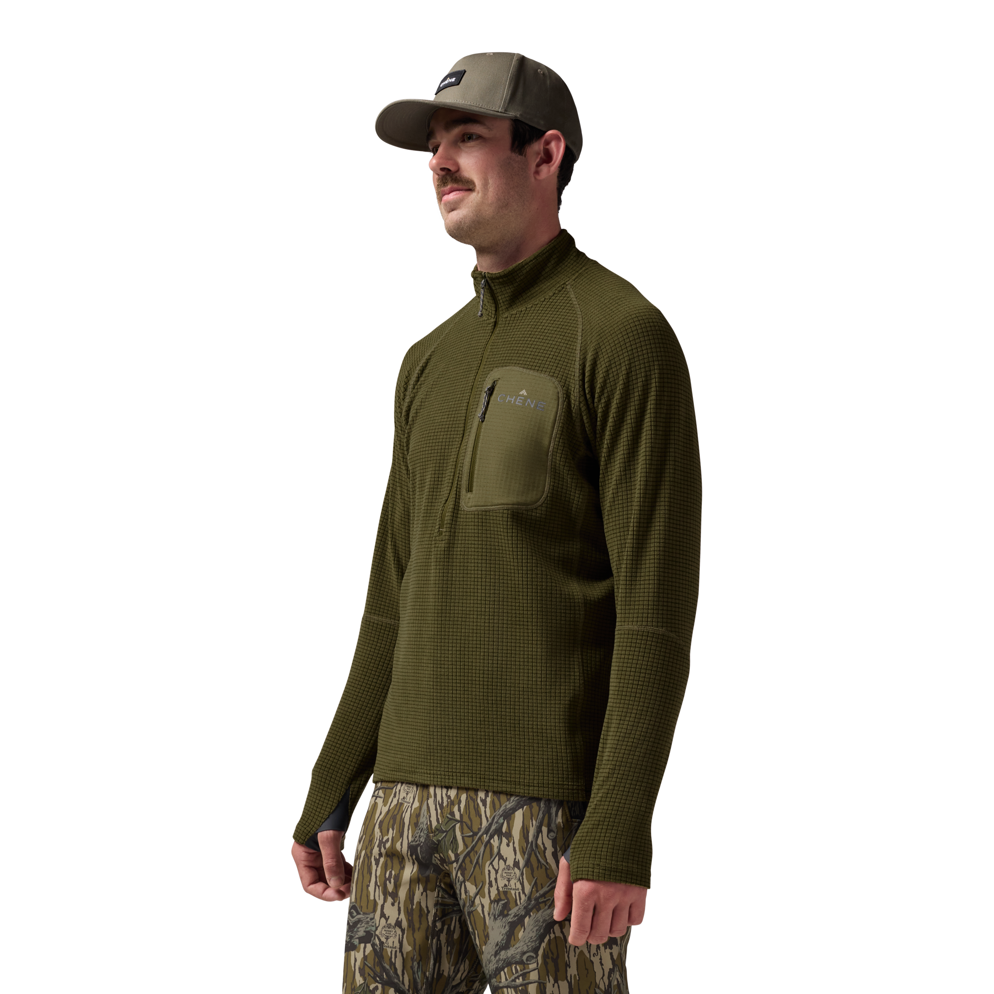 Sixty Series Check Fleece Half Zip in Olive, on model #olive