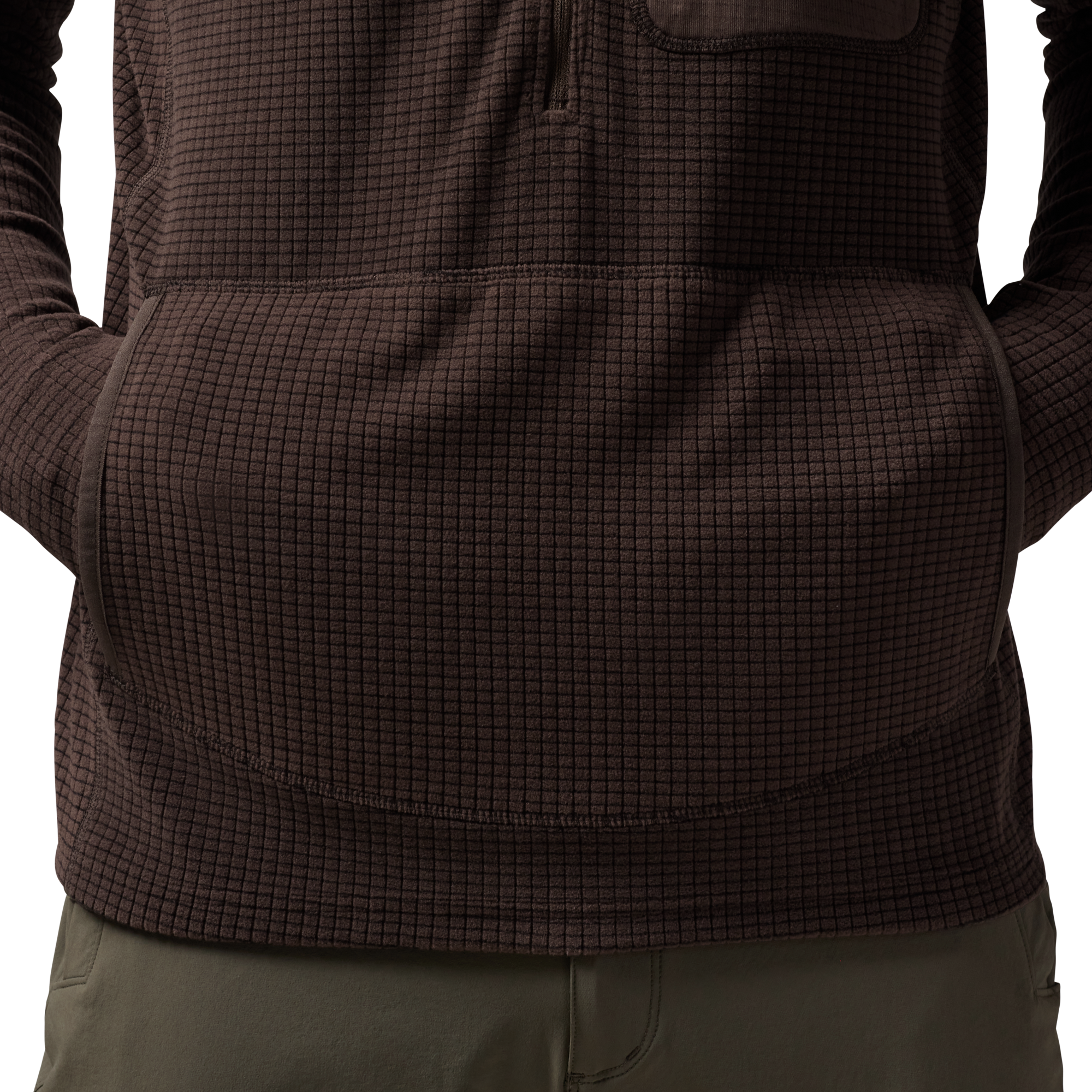 Sixty Series Check Fleece Half Zip with Hood in Brown, on model #brown