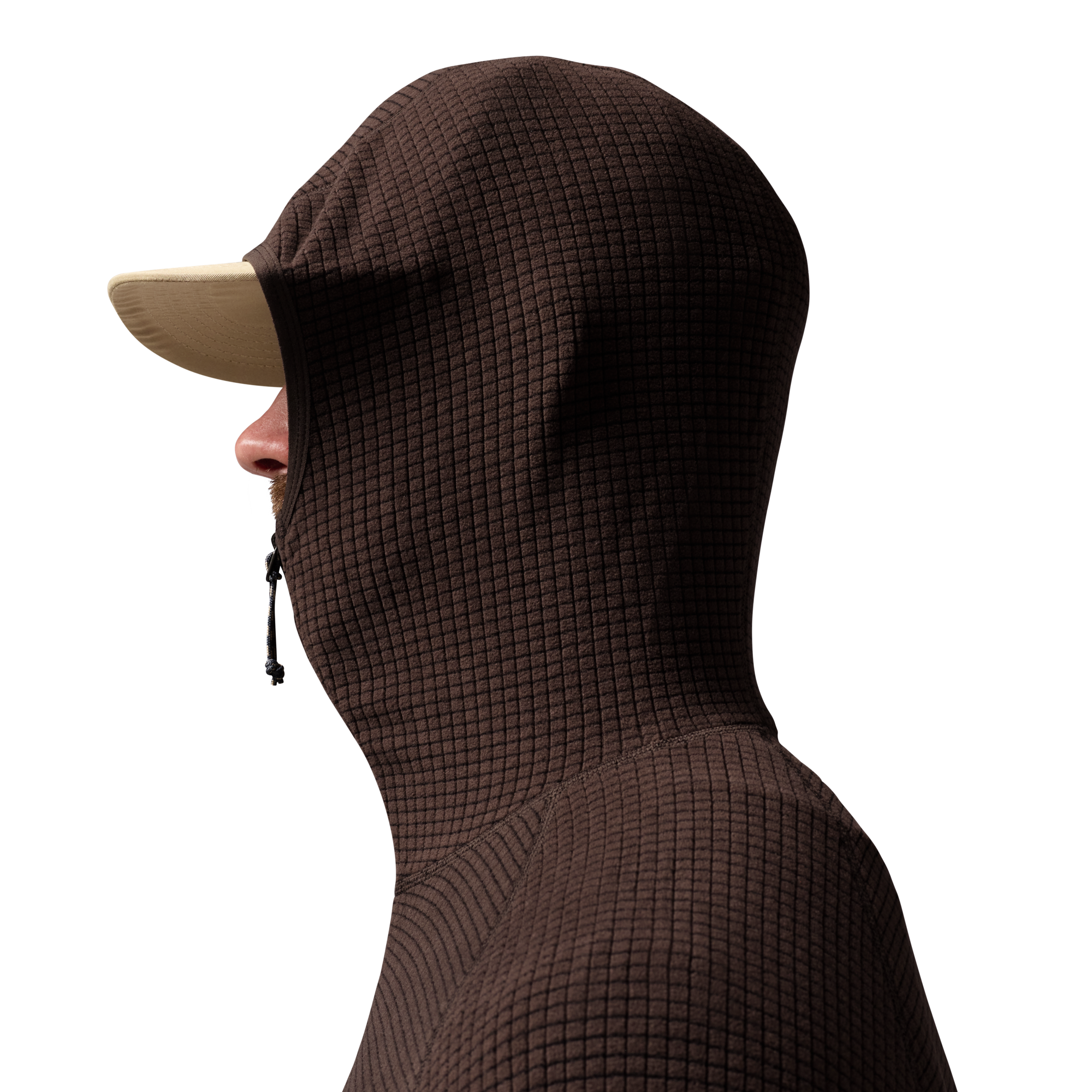 Sixty Series Check Fleece Half Zip with Hood in Brown, on model #brown