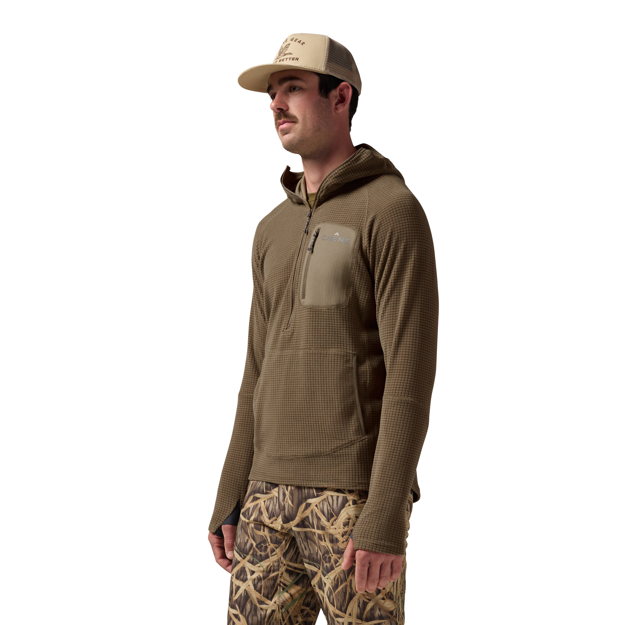 Sixty Series Check Fleece Half Zip with Hood in Field Khaki, on model #field_khaki