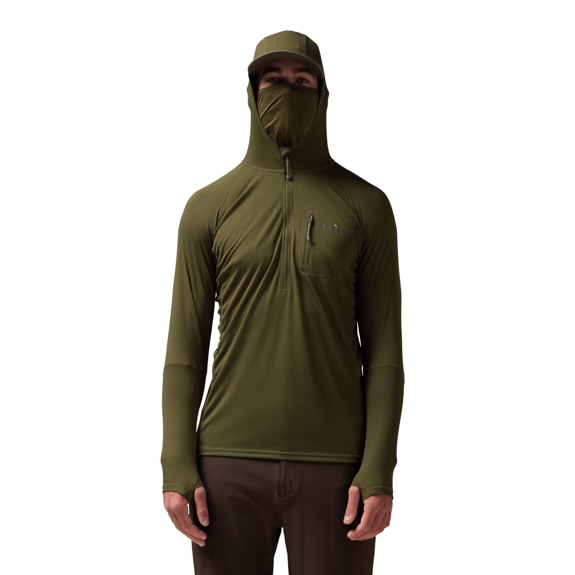 Vale 105 Synthetic Hoodie in Dark Olive, on model #dark_olive