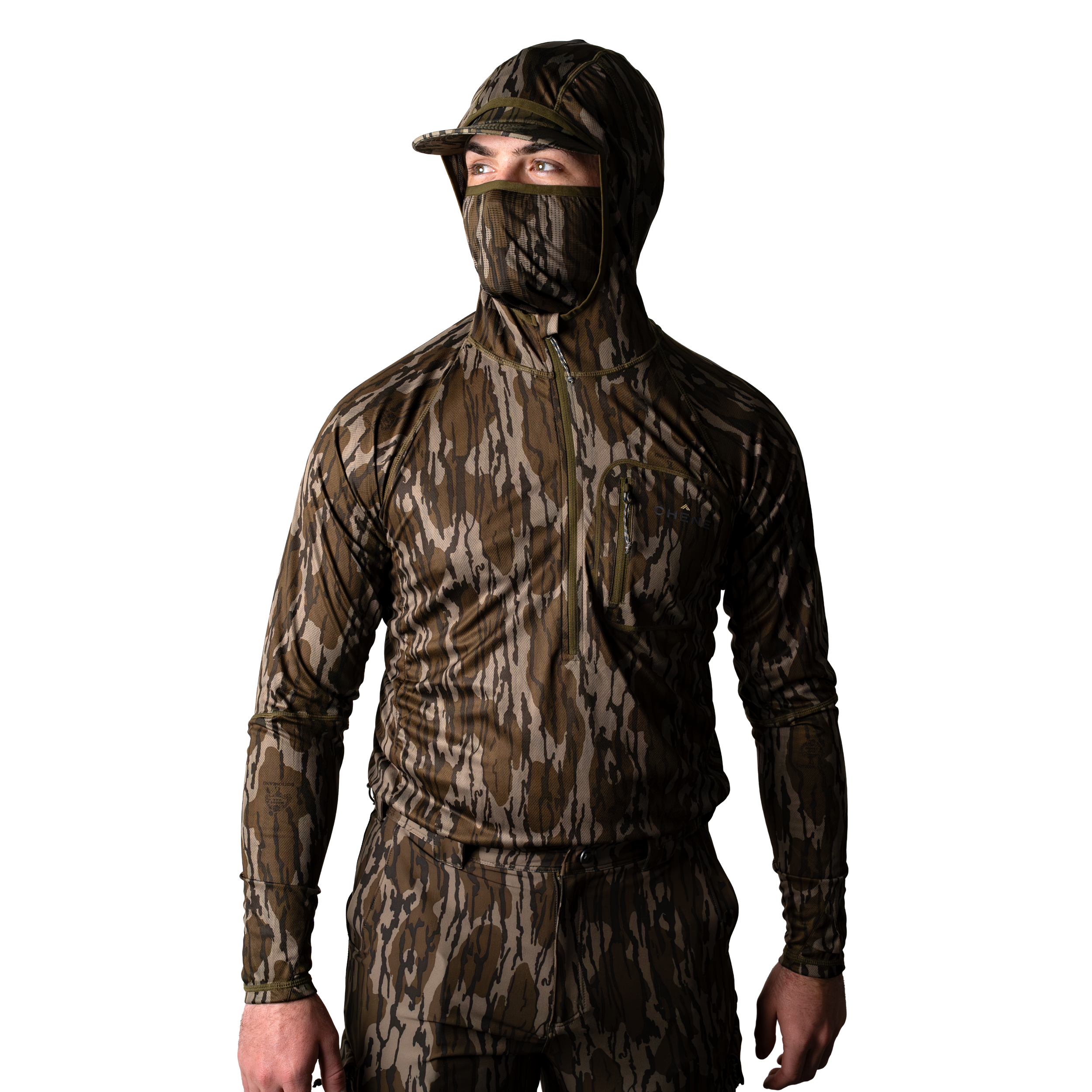 Model wearing a camouflage hoodie with built in face mask and brimmed cap, brown and tan camo pattern, front body view on light background. #mossy_oak_original_bottomland