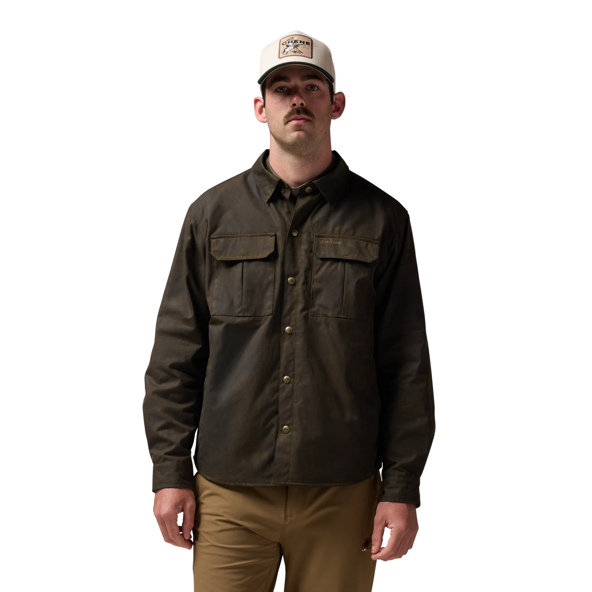 Founder's Reserve Waxed Jac-Shirt in Dark Olive, on model #dark_olive