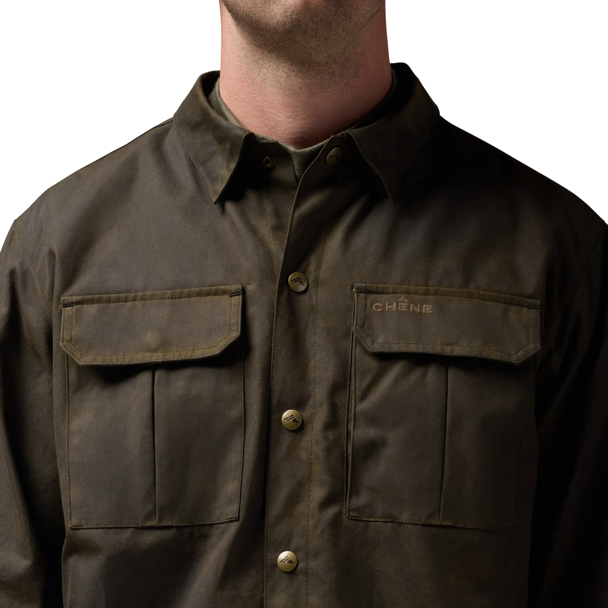 Founder's Reserve Waxed Jac-Shirt in Dark Olive, on model #dark_olive