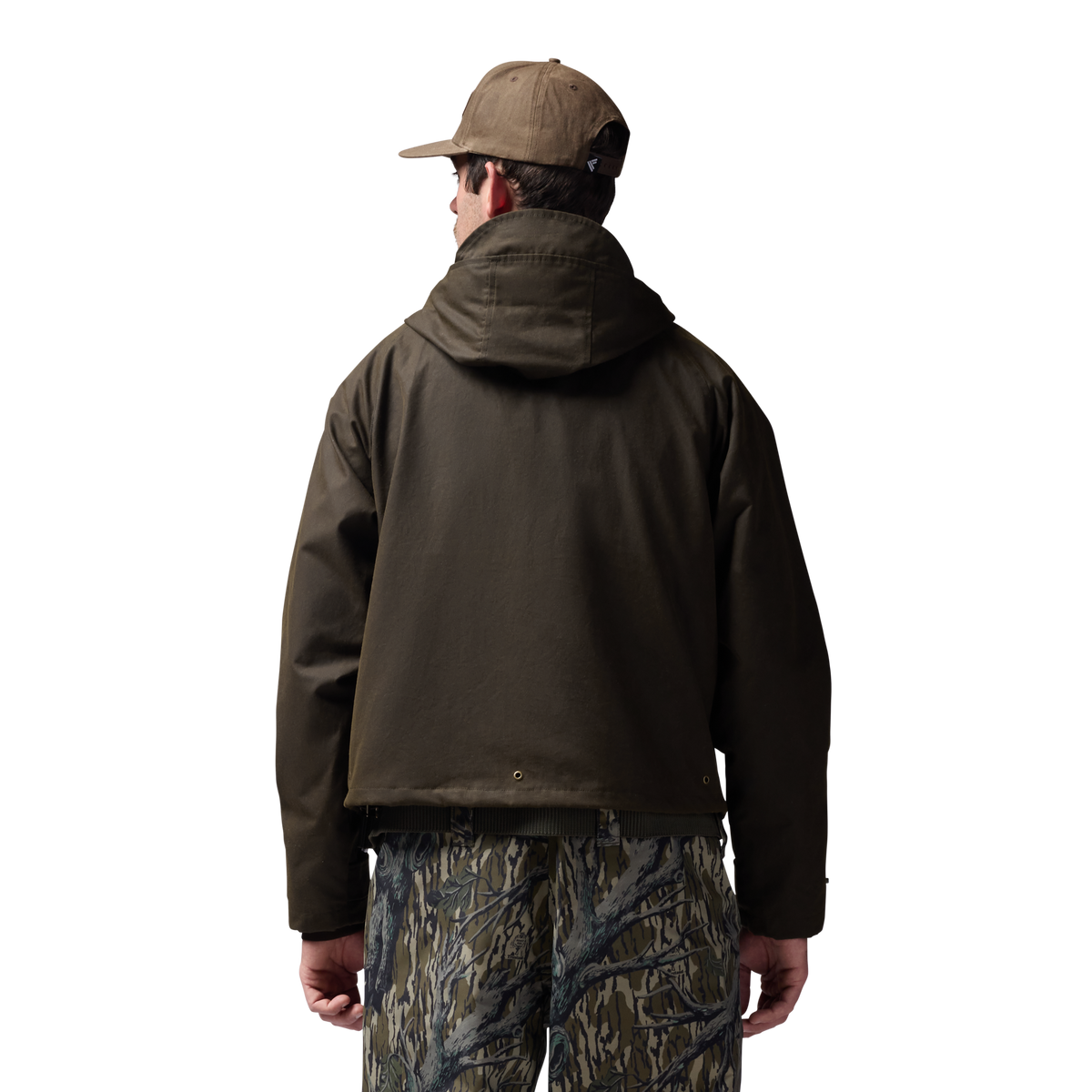 Founder's Reserve Waxed Wading Jacket in Dark Olive, on model #dark_olive