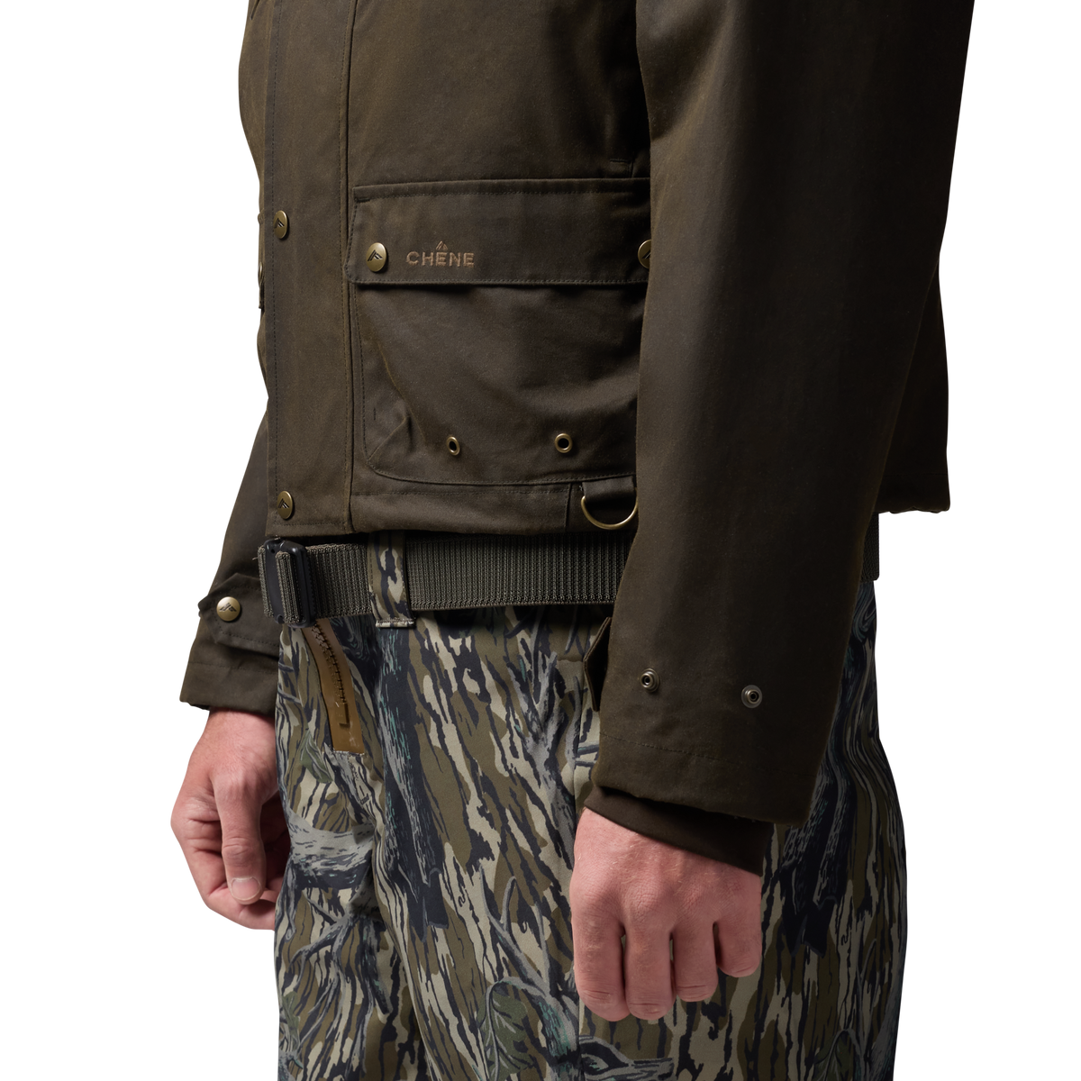 Founder's Reserve Waxed Wading Jacket in Dark Olive, on model #dark_olive