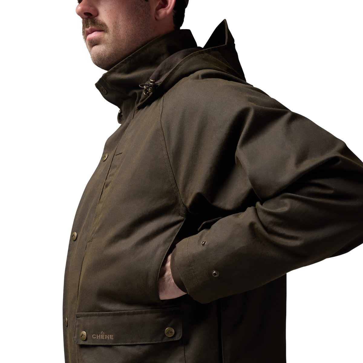 Founder's Reserve Waxed Wading Jacket in Dark Olive, on model #dark_olive