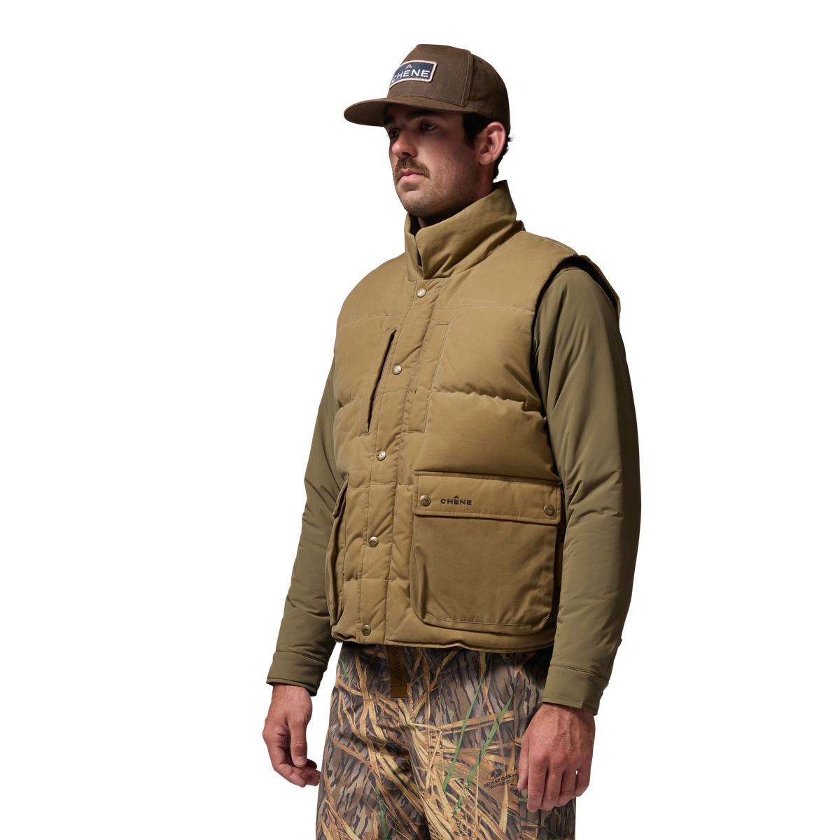 Founders' Reserve Waxed Down Vest in Field Khaki, on model #field_khaki