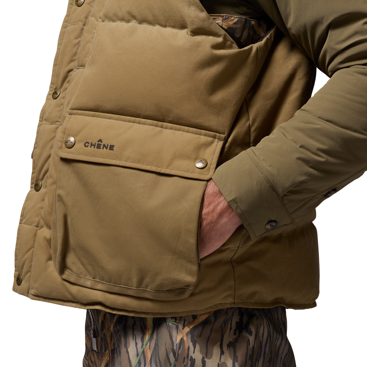 Founders' Reserve Waxed Down Vest in Field Khaki, on model #field_khaki