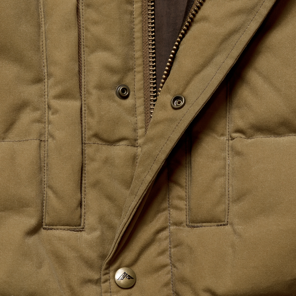 Founders' Reserve Waxed Down Vest in Field Khaki, fabric detail #field_khaki