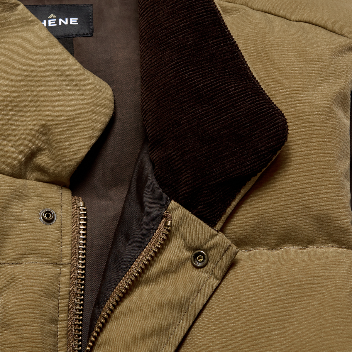 Founders' Reserve Waxed Down Vest in Field Khaki, fabric detail #field_khaki