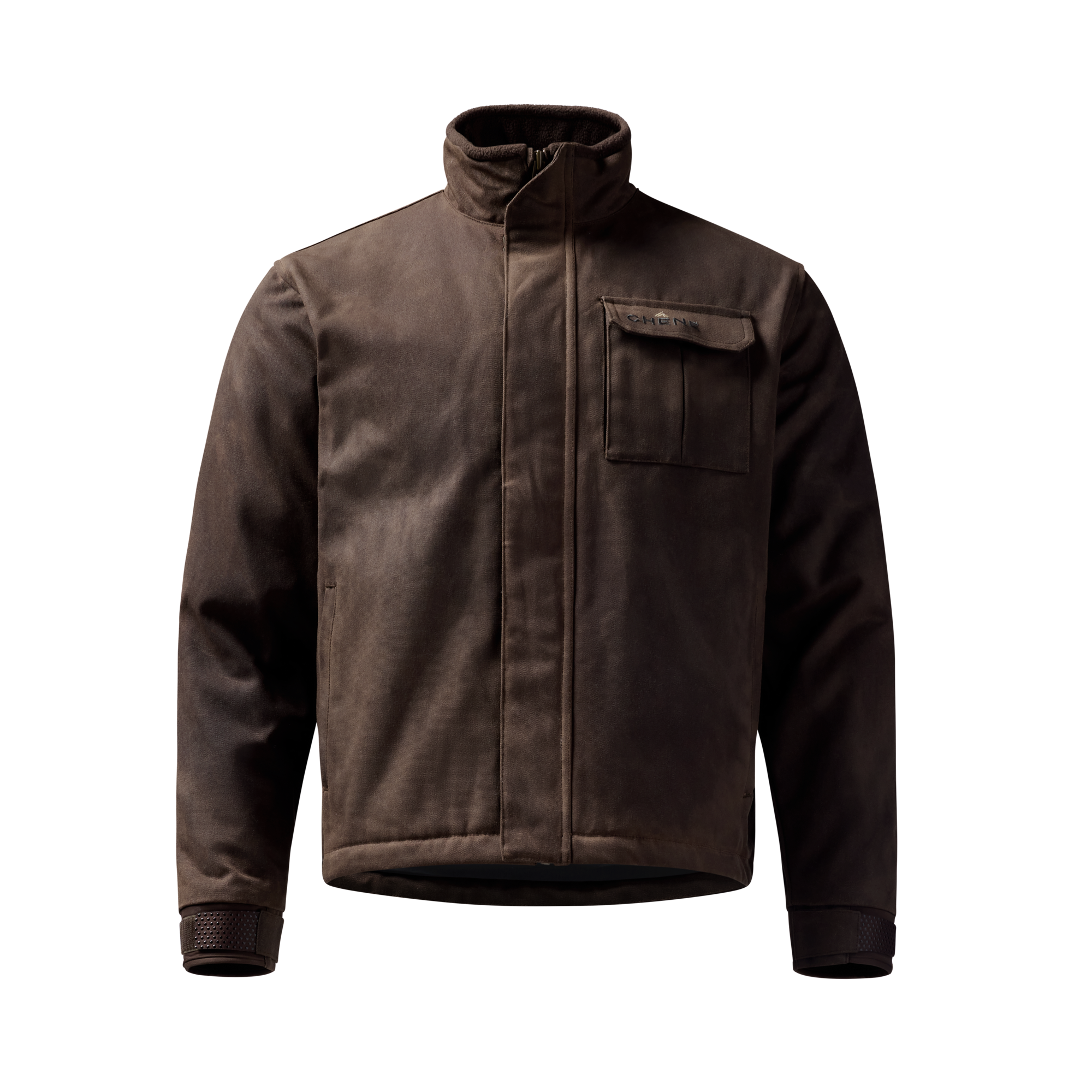 Waxed Canvas Goose Down Jacket in Brown, front view #brown