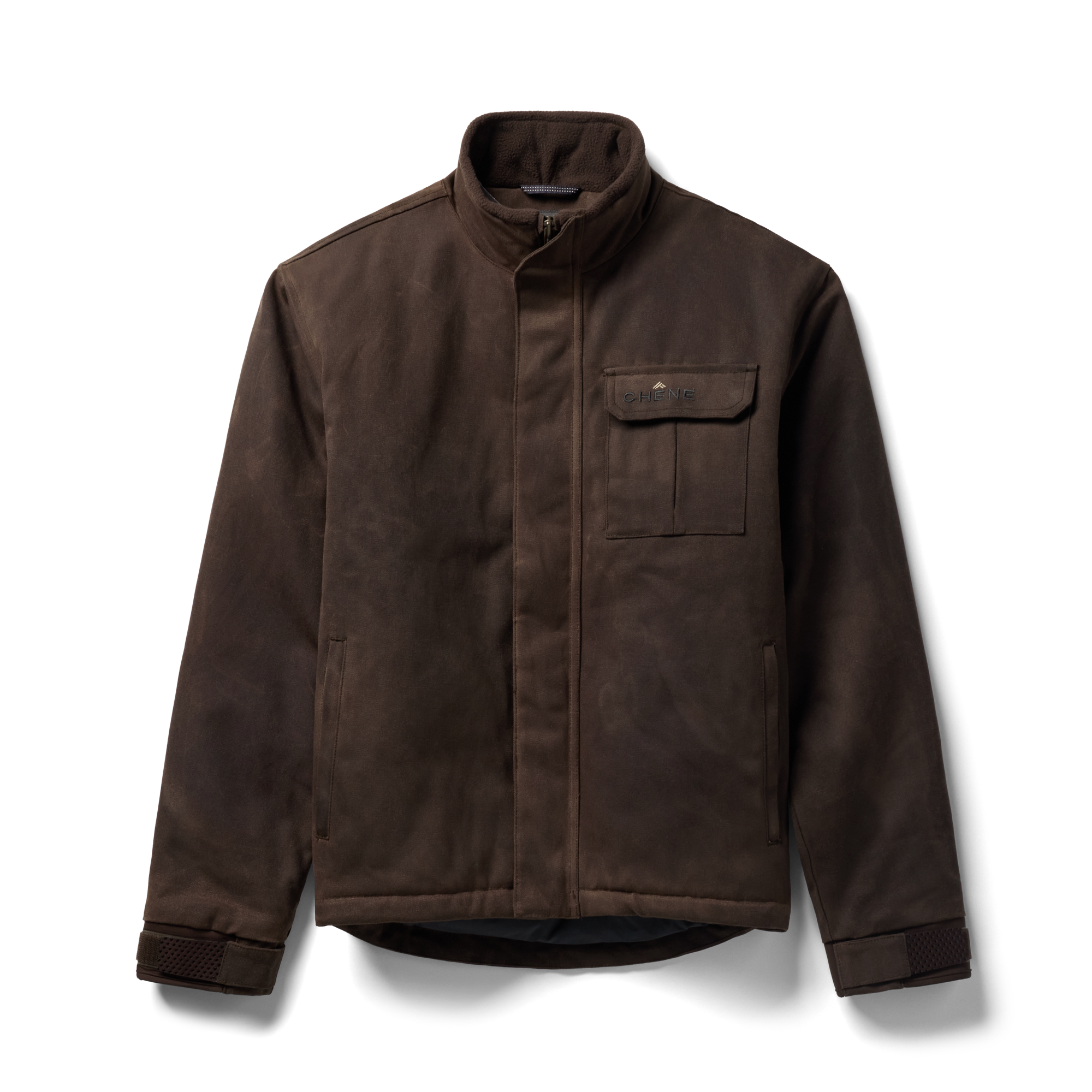 Waxed Canvas Goose Down Jacket in Brown, flat lay #brown