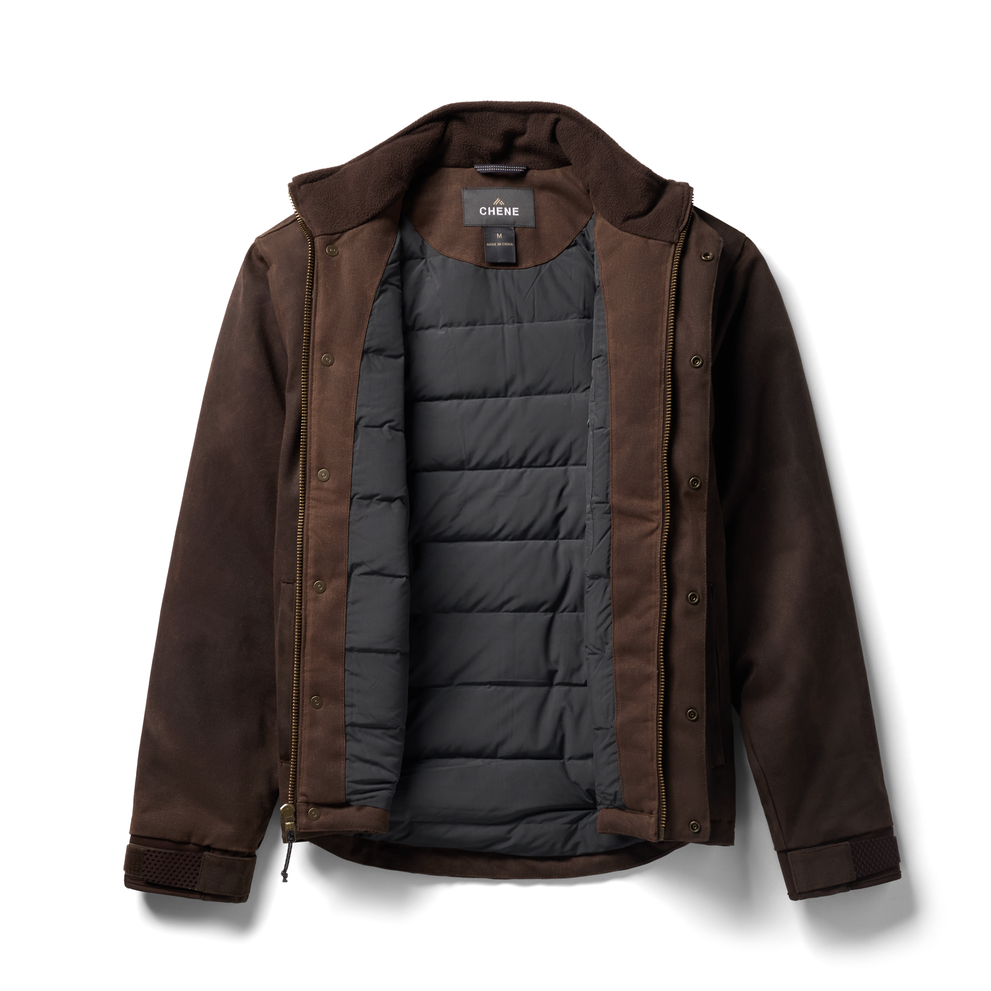 Waxed Canvas Goose Down Jacket in Brown, flat lay #brown