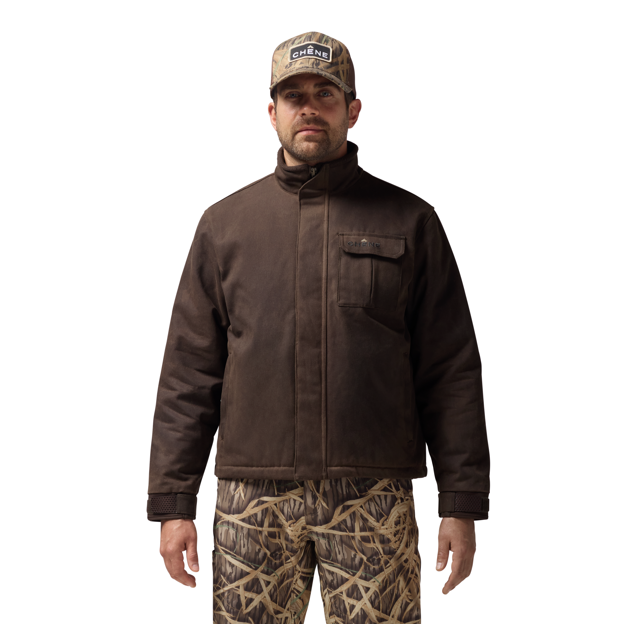 Waxed Canvas Goose Down Jacket in Brown, on model #brown
