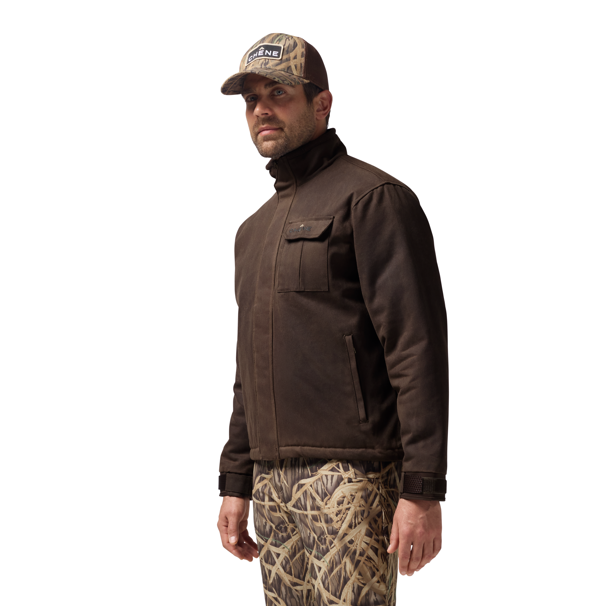 Waxed Canvas Goose Down Jacket in Brown, on model #brown
