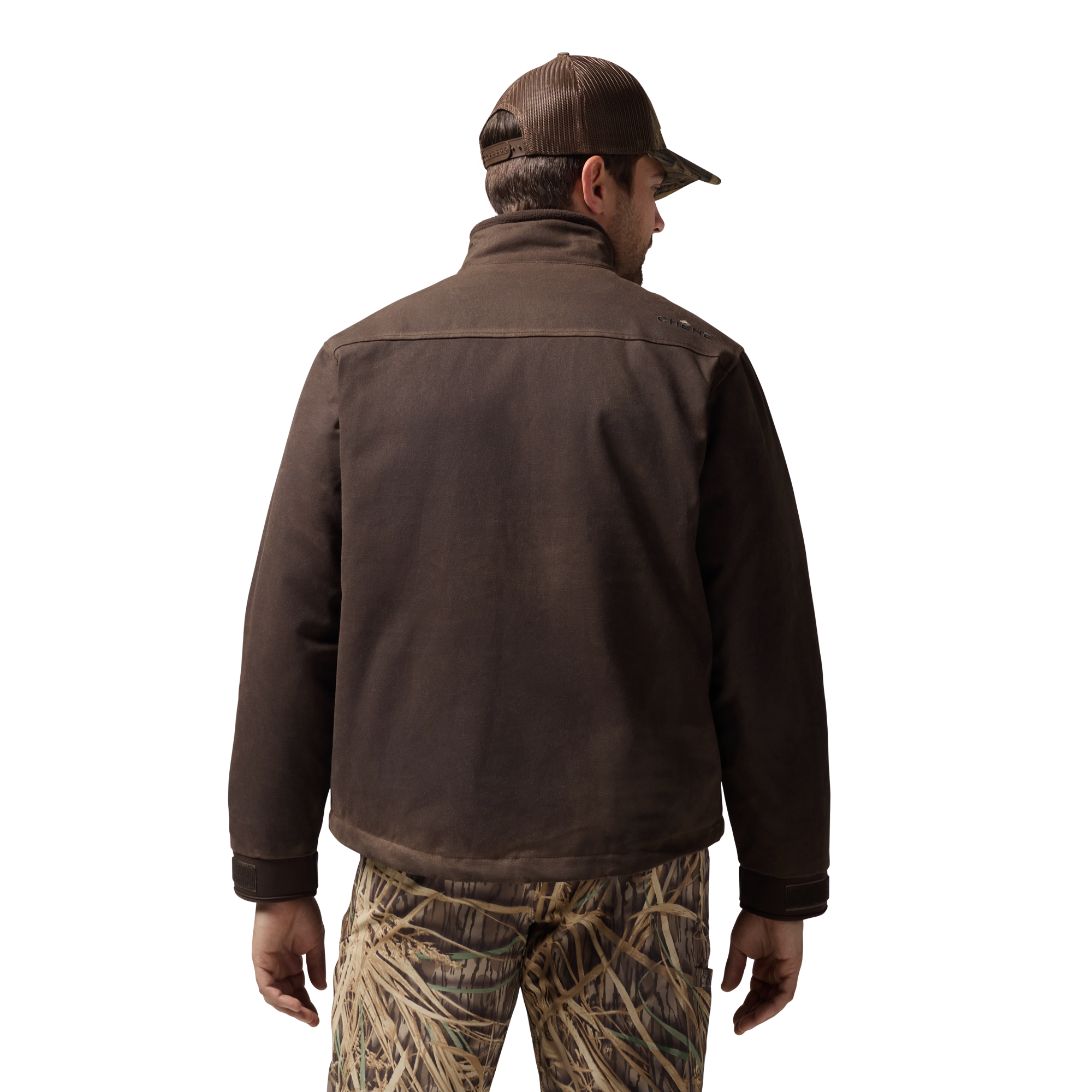 Waxed Canvas Goose Down Jacket in Brown, on model #brown