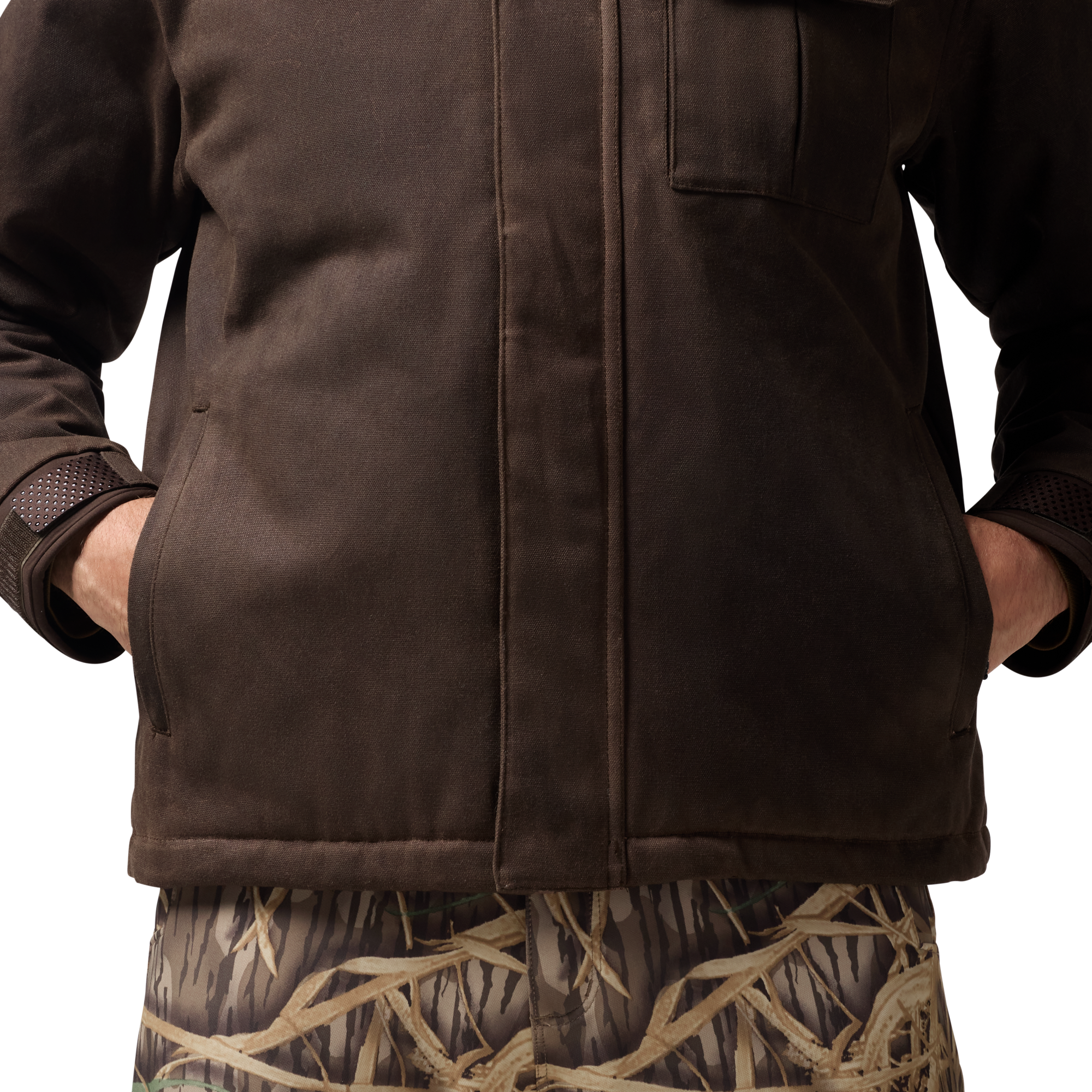 Waxed Canvas Goose Down Jacket in Brown, on model #brown