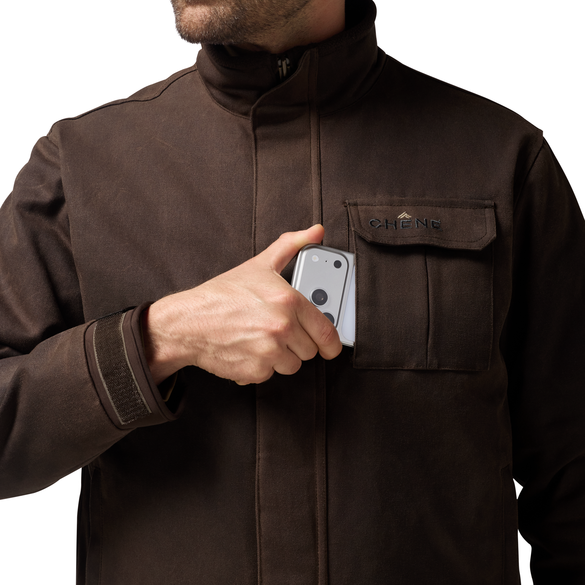 Waxed Canvas Goose Down Jacket in Brown, on model #brown