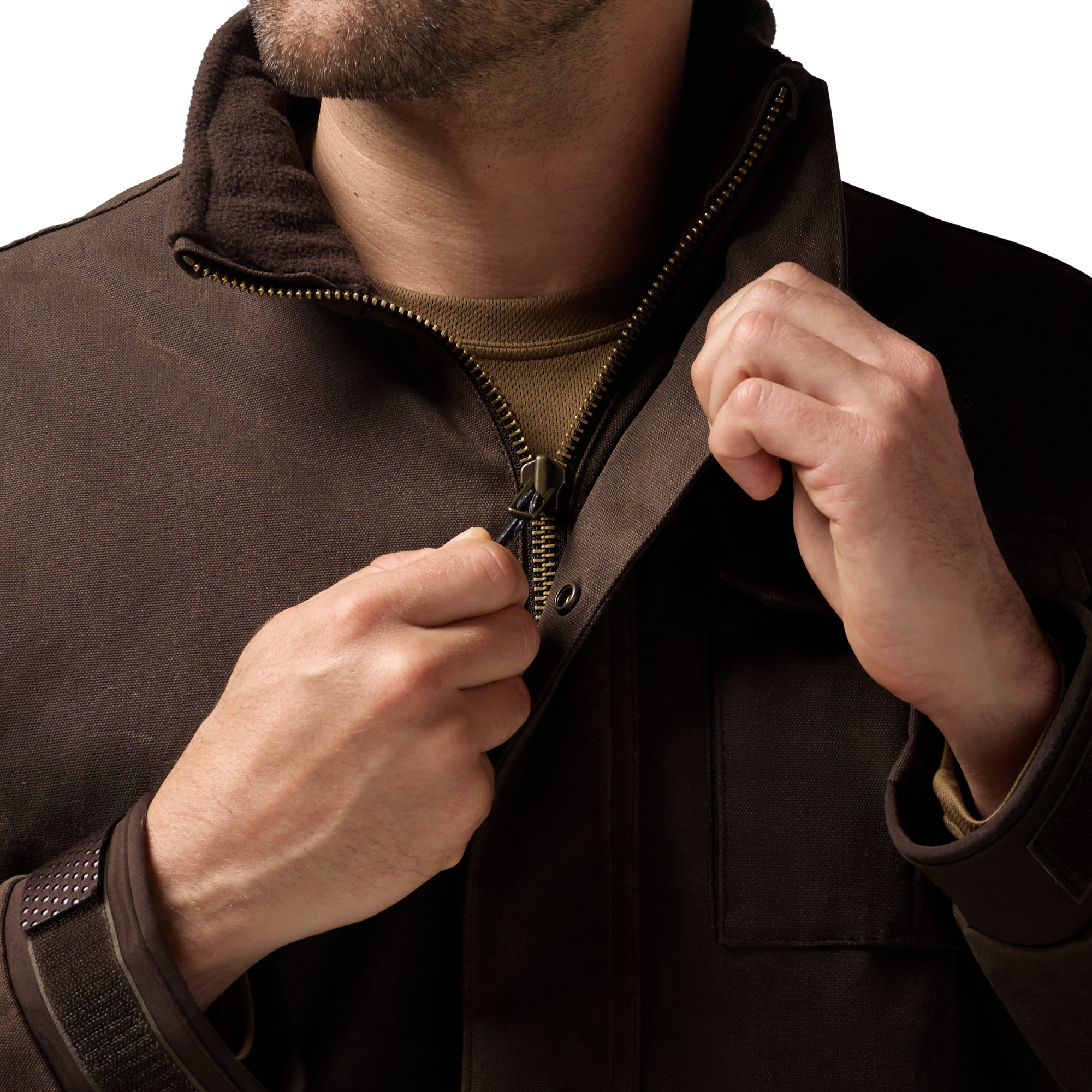 Waxed Canvas Goose Down Jacket in Brown, on model #brown