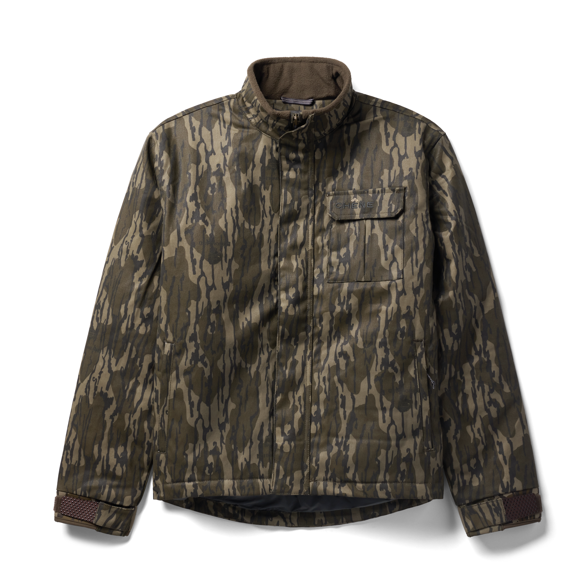 Waxed Canvas Goose Down Jacket in Mossy Oak Original Bottomland, flat lay #mossy_oak_original_bottomland