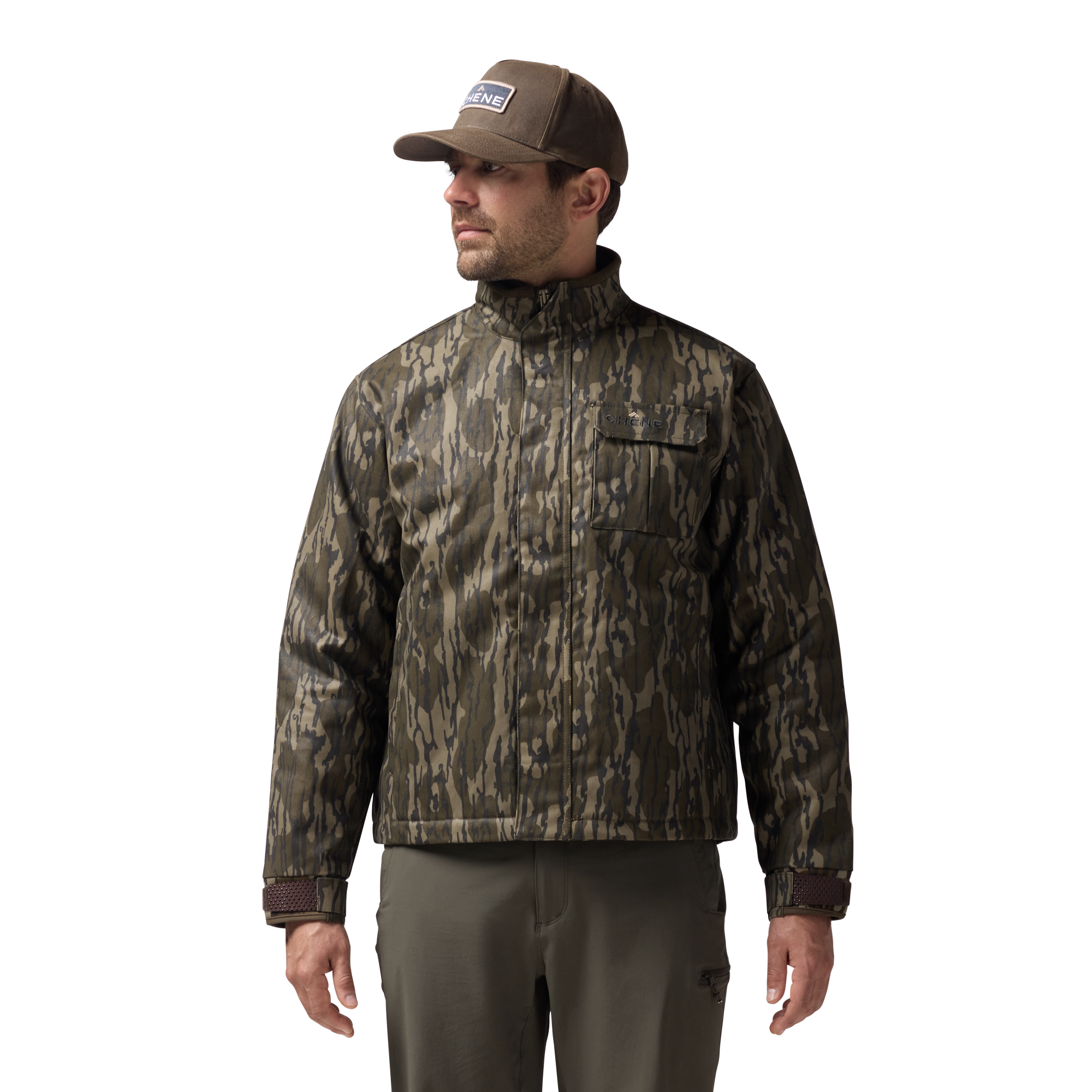 Waxed Canvas Goose Down Jacket in Mossy Oak Original Bottomland, on model #mossy_oak_original_bottomland