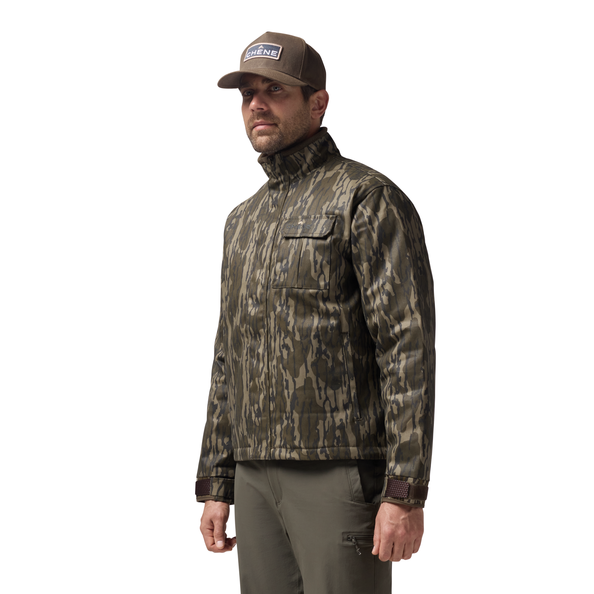 Waxed Canvas Goose Down Jacket in Mossy Oak Original Bottomland, on model #mossy_oak_original_bottomland