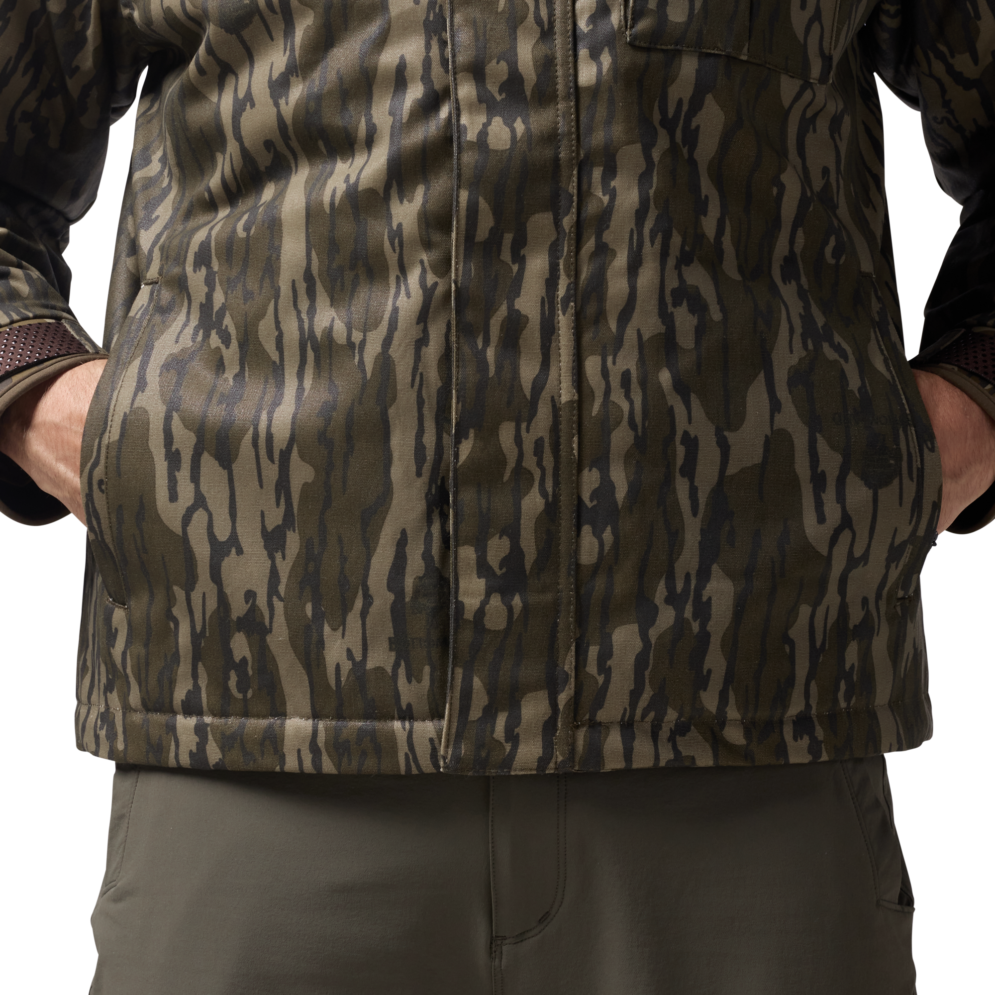 Waxed Canvas Goose Down Jacket in Mossy Oak Original Bottomland, on model #mossy_oak_original_bottomland