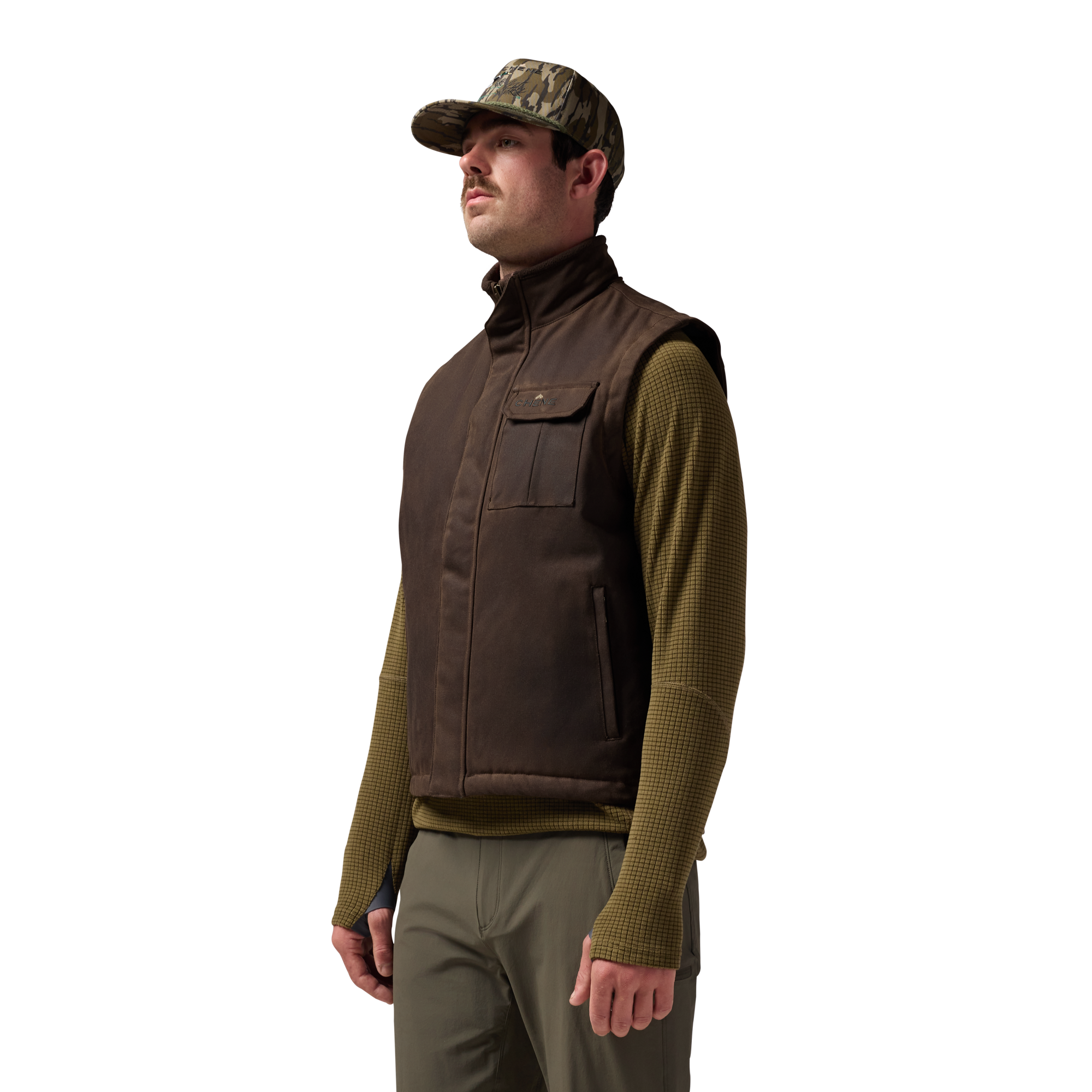 Waxed Canvas Goose Down Vest in Brown, on model #brown