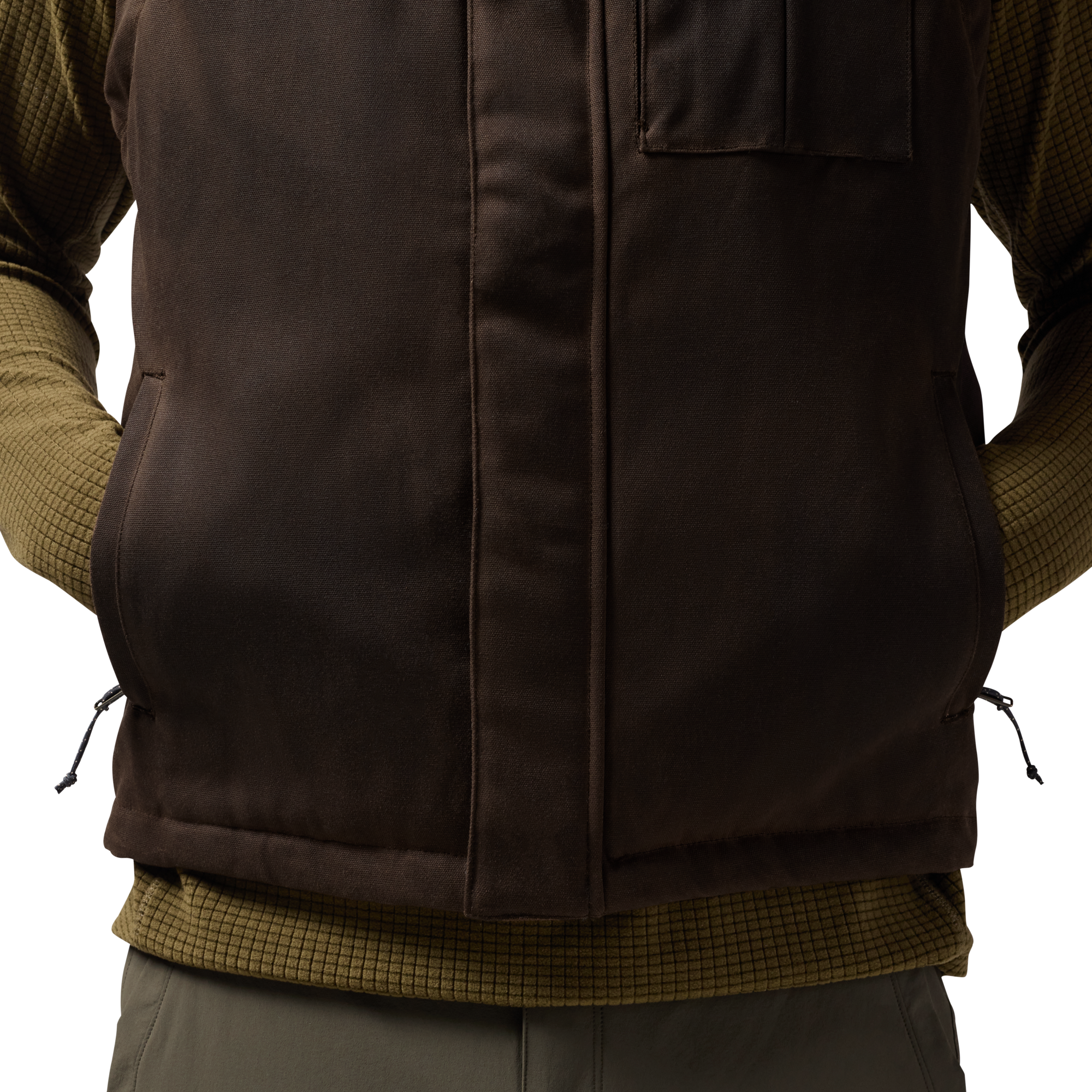 Waxed Canvas Goose Down Vest in Brown, on model #brown