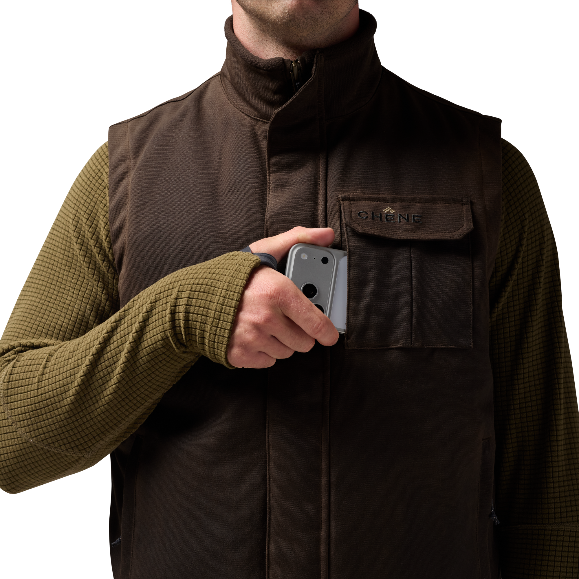 Waxed Canvas Goose Down Vest in Brown, on model #brown