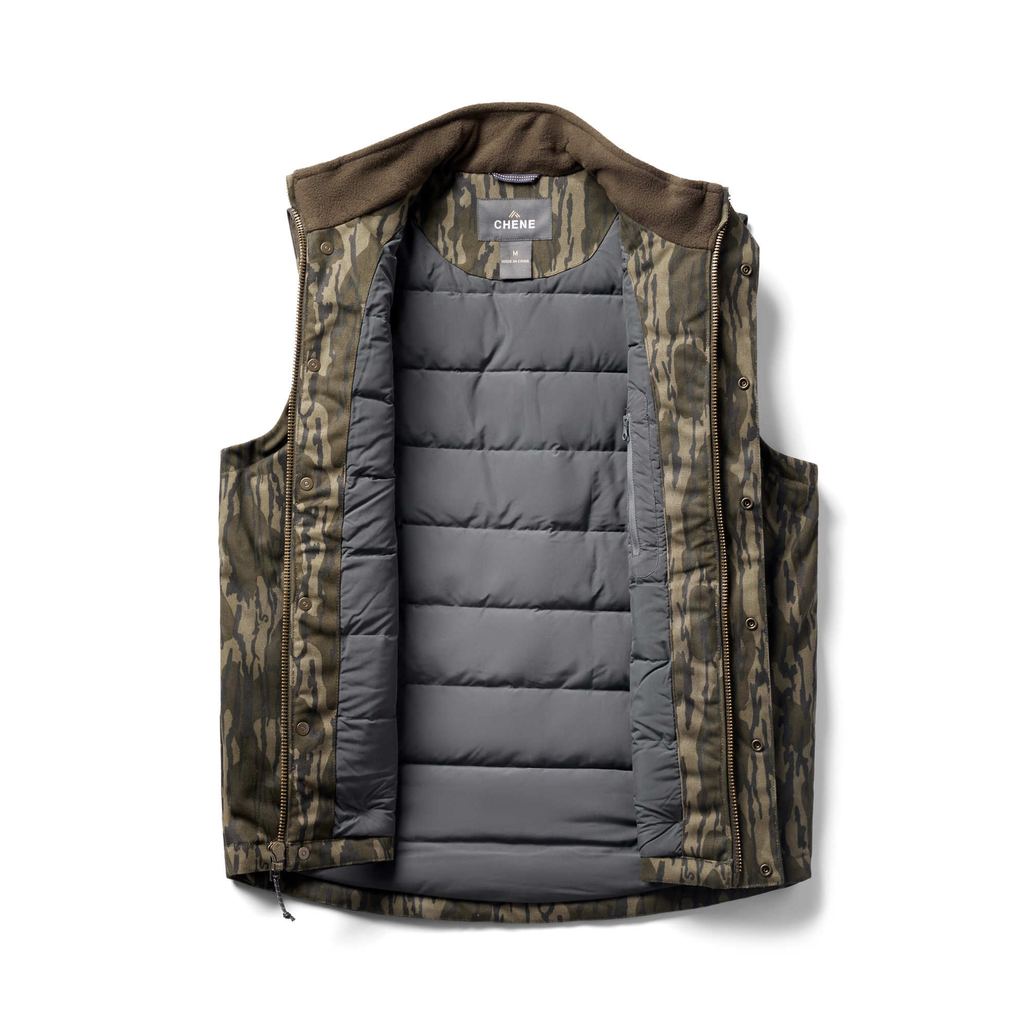 Waxed Canvas Goose Down Vest in Mossy Oak Original Bottomland, flat lay #mossy_oak_original_bottomland