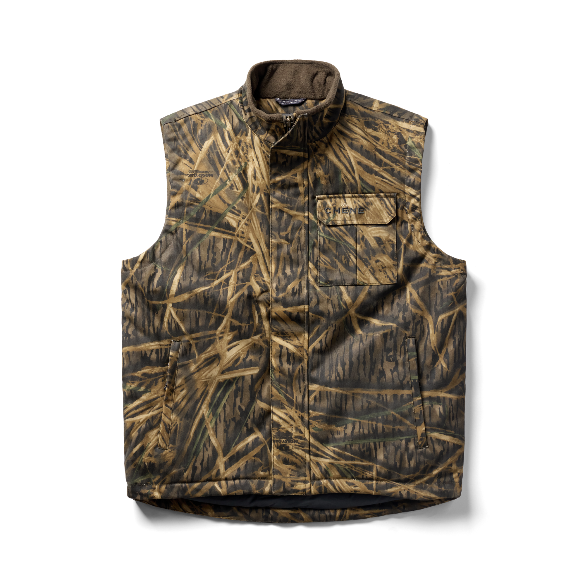 Waxed Canvas Goose Down Vest in Mossy Oak Original Shadow Grass, flat lay #mossy_oak_original_shadow_grass