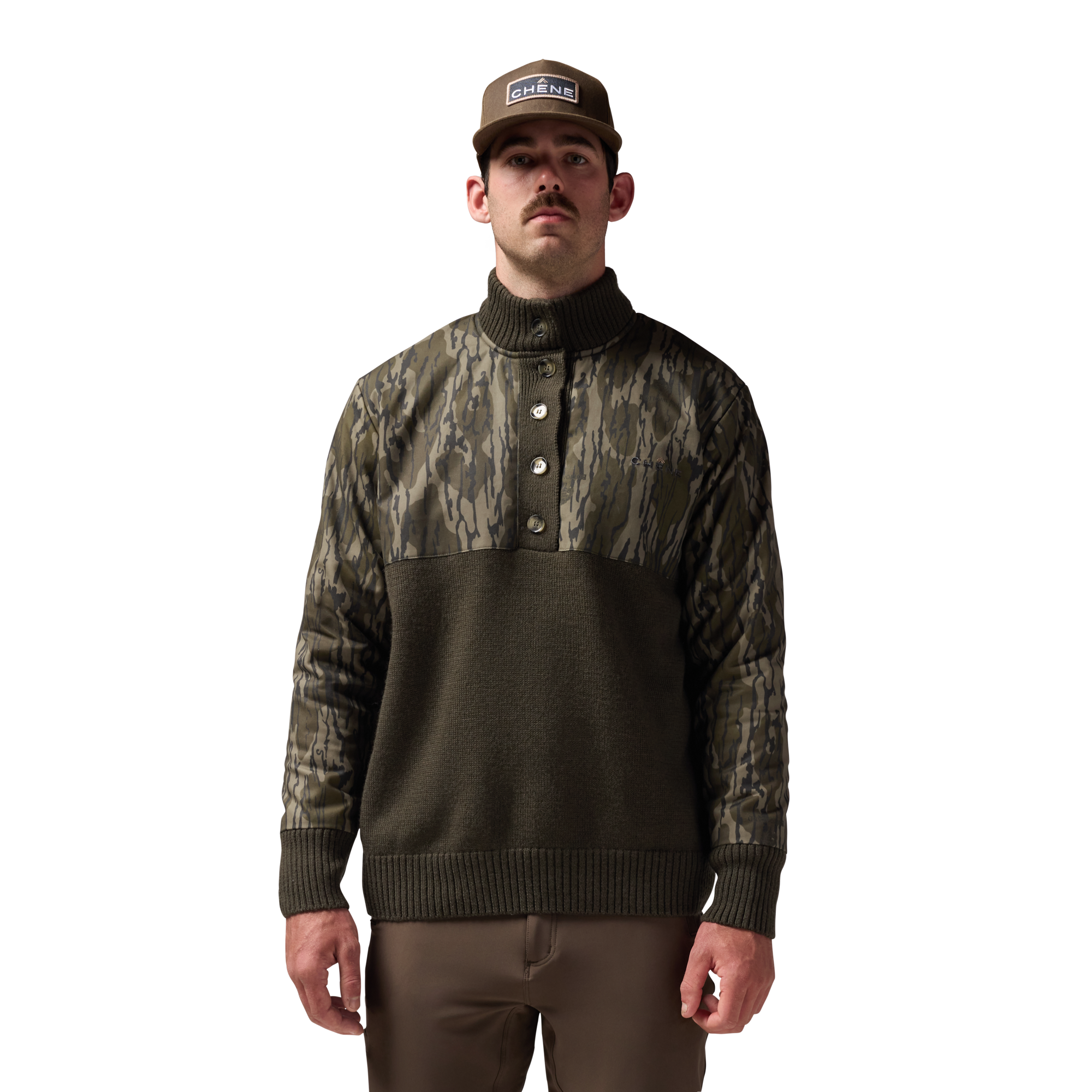 Waxed Canvas Sweater in Mossy Oak Original Bottomland, on model #mossy_oak_original_bottomland