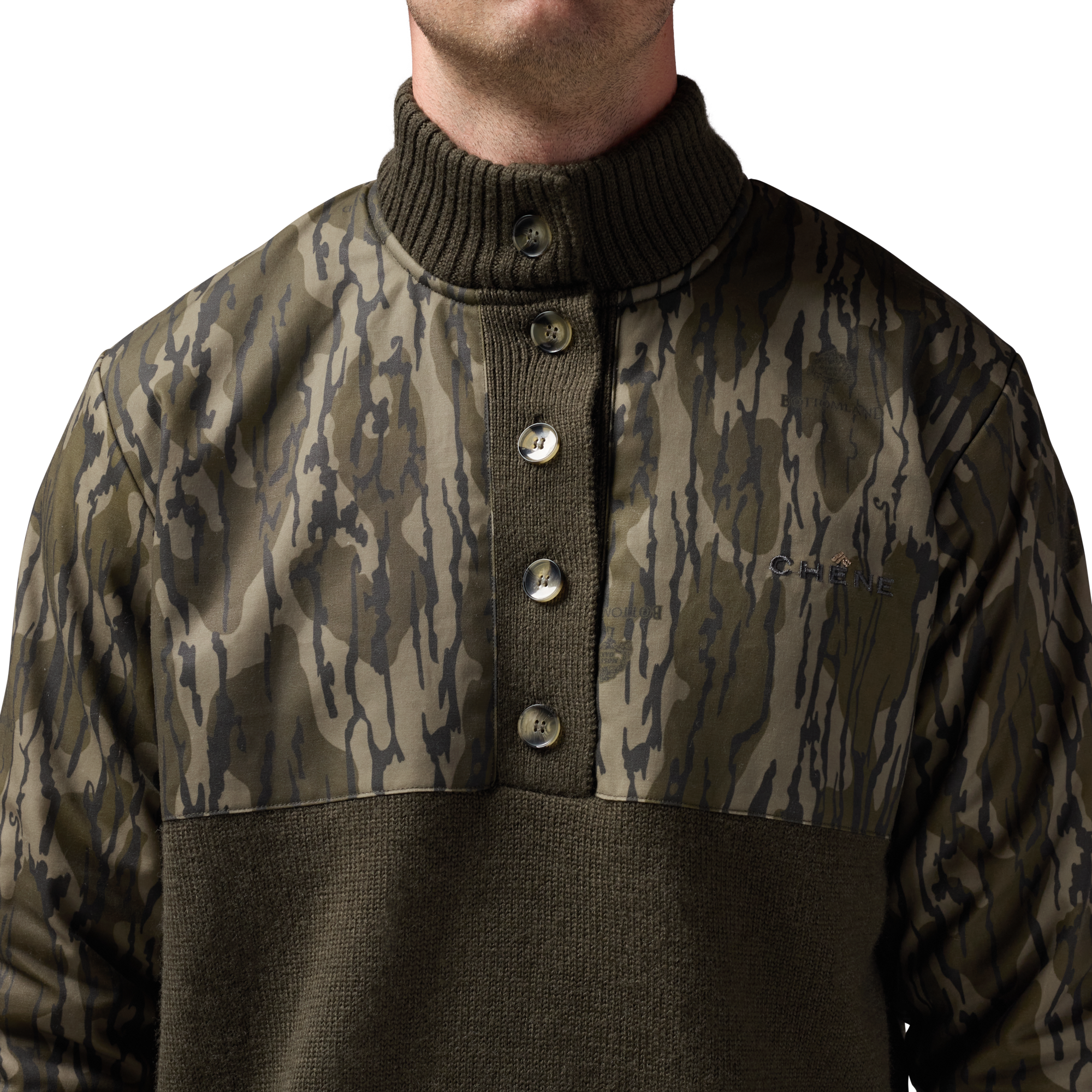 Waxed Canvas Sweater in Mossy Oak Original Bottomland, on model #mossy_oak_original_bottomland
