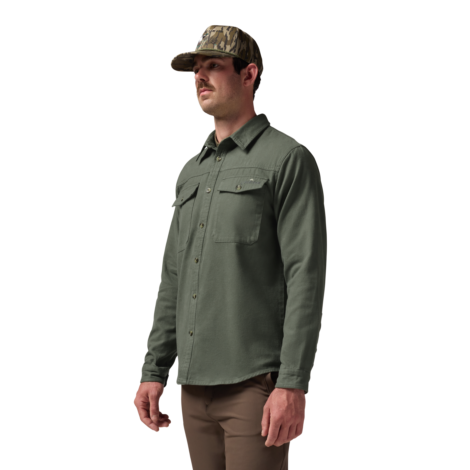 Waterfowler Moleskin Shirt in Moss, on model #moss