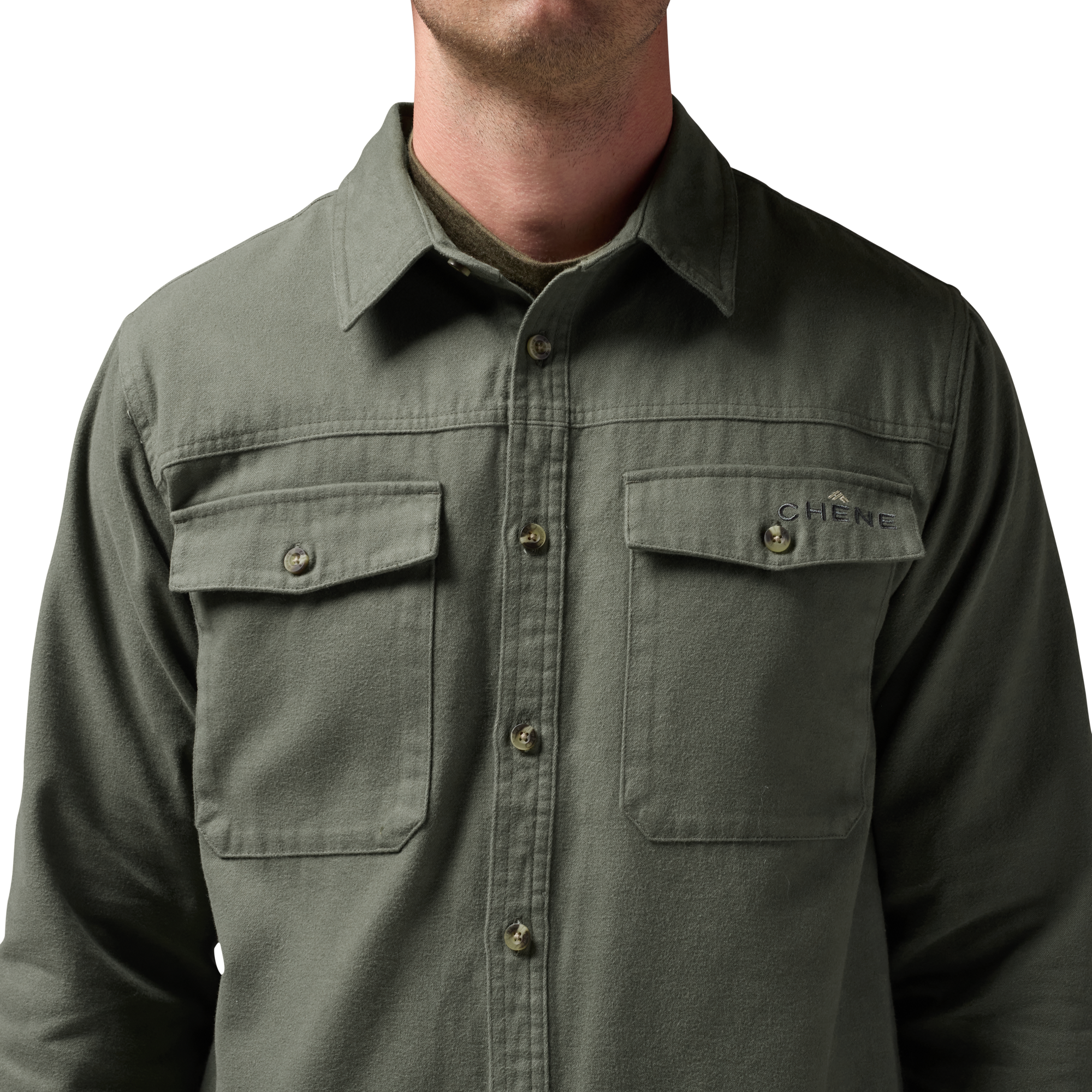 Waterfowler Moleskin Shirt in Moss, on model #moss