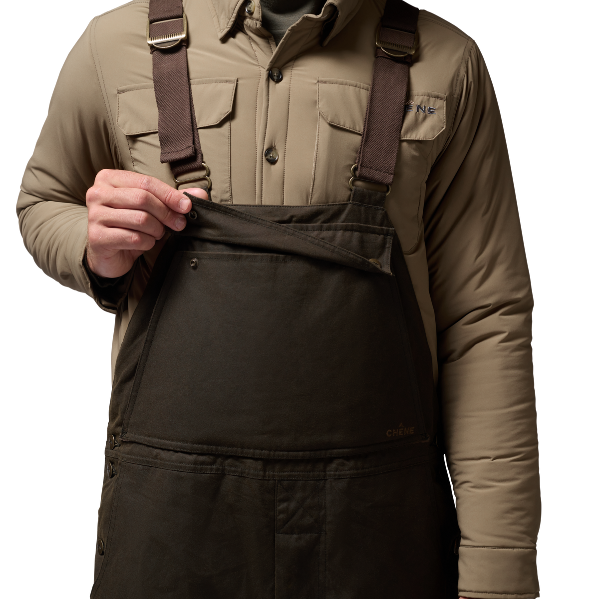 Founders' Reserve Waxed Bib in Dark Olive, on model #dark_olive