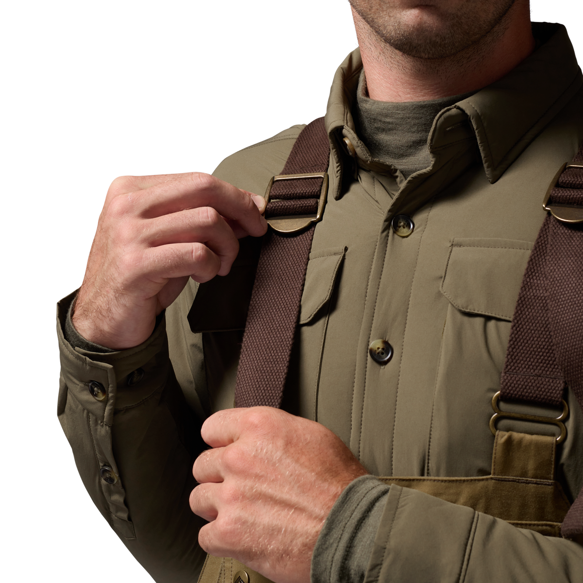 Founders' Reserve Waxed Bib in Field Khaki, on model #field_khaki